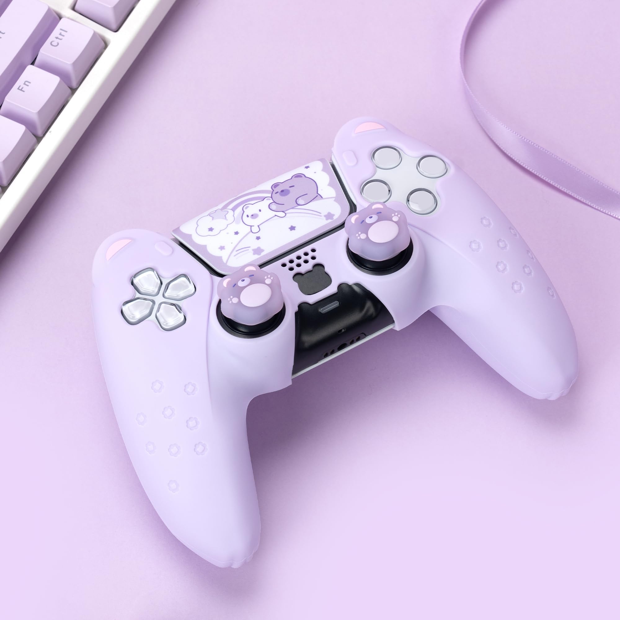 GeekShare Cute Bear PS5 Controller Skin Set - Includes 2 Grip Pads, 1 Anti-Slip Silicone Protector & Sticker for Wireless PS5 Controller (Purple) - Perfect for Gaming, Protection & Personalization