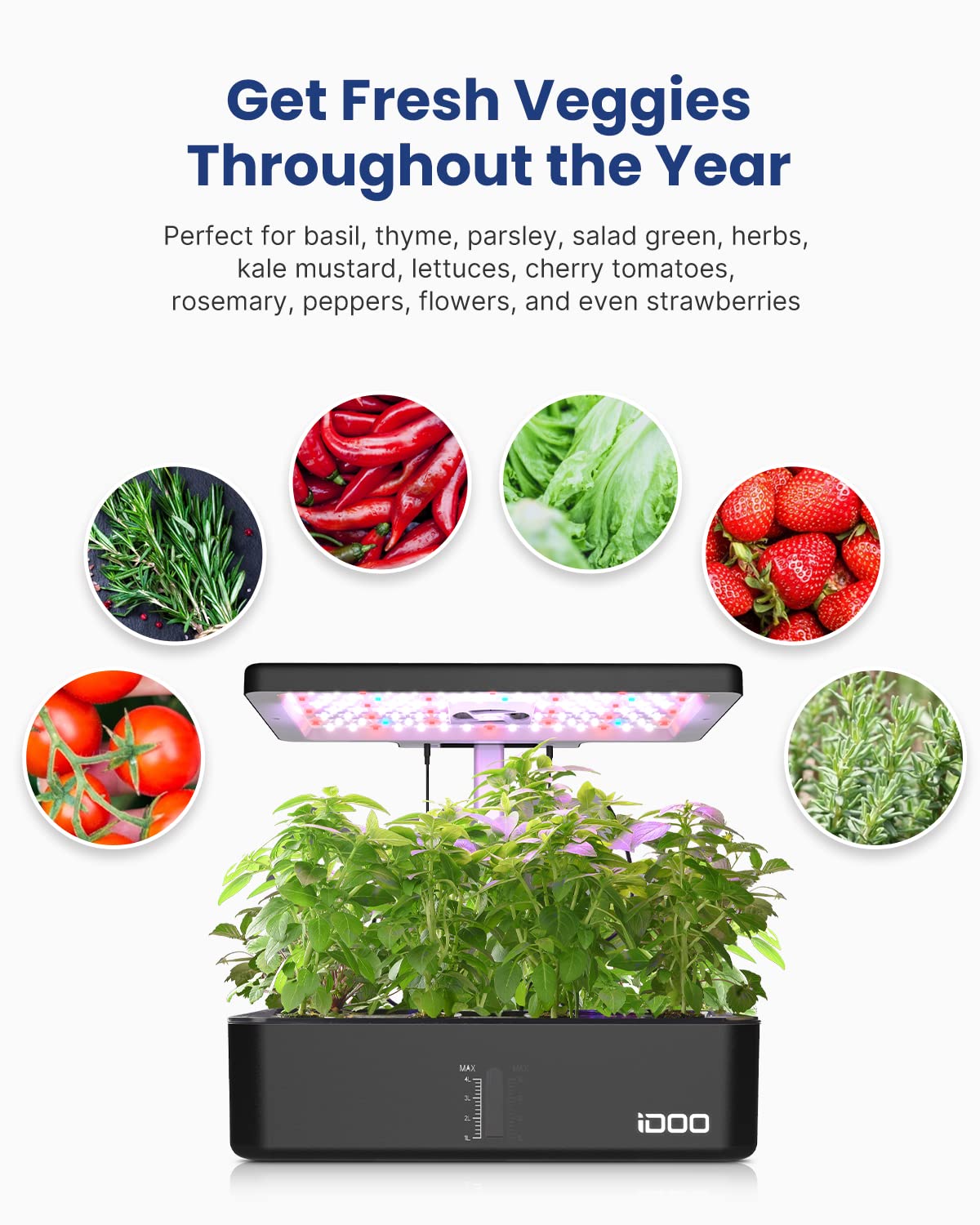iDOO 12-Pod Hydroponics Growing System Kit with LED Grow Light, Built-in Fan & Auto Timer - Indoor Herb Garden for Kitchen, Home, Office - Adjustable Height up to 11.3