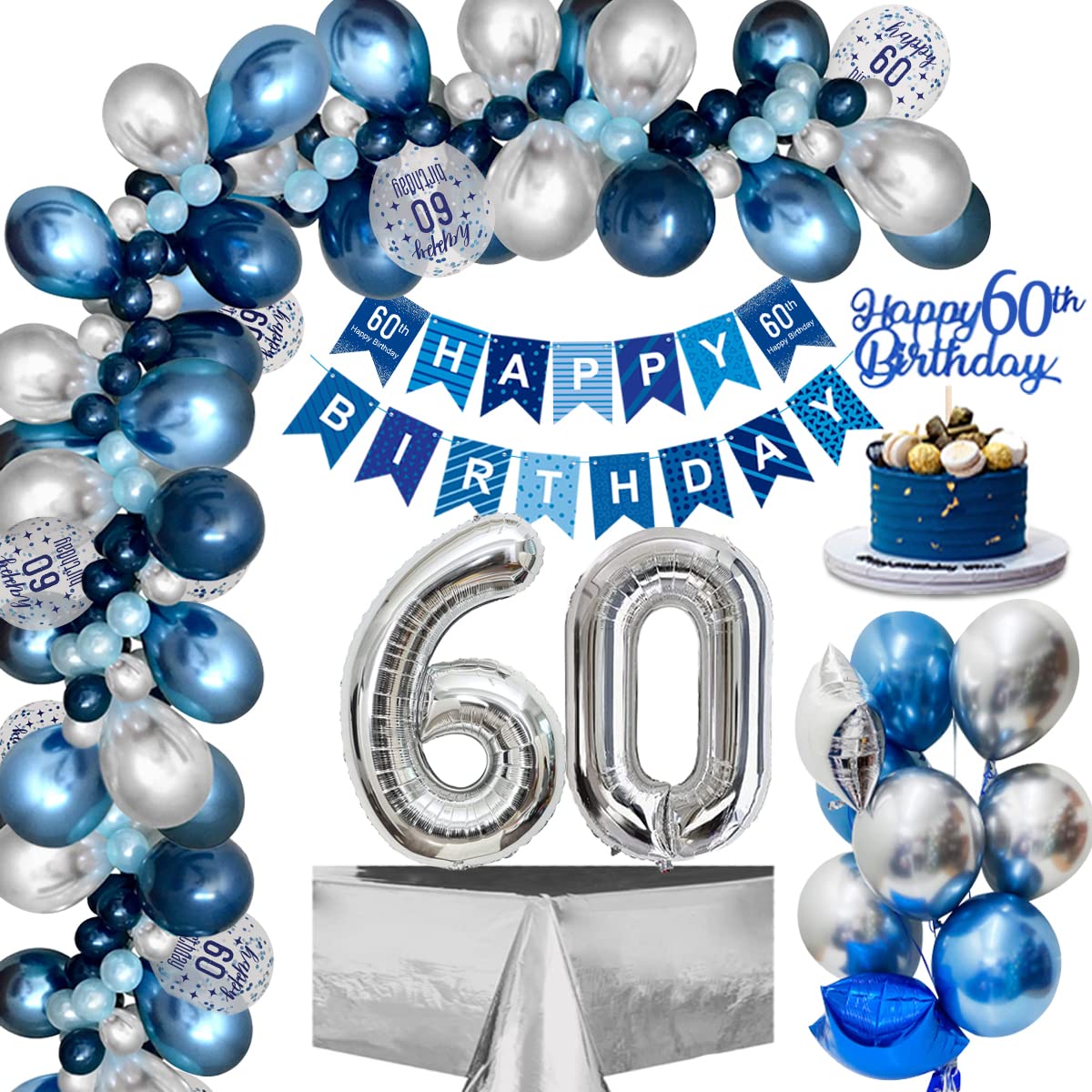 Navy Blue & Silver 60th Birthday Party Decorations Set - Happy 60th Birthday Banner, Confetti, Number 60 Foil Balloons for Men & Women - Perfect for Milestone Celebrations, Retirement Parties & Anniversary Decor