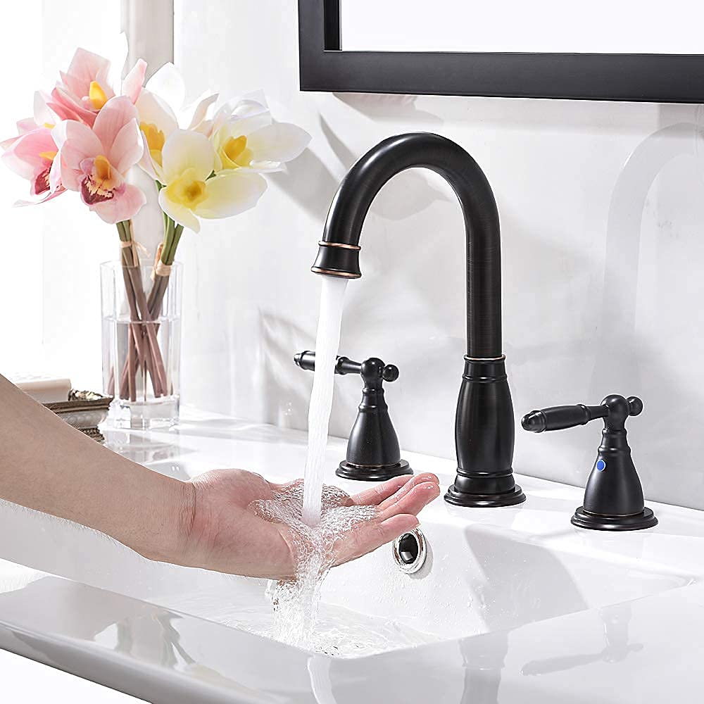 8 Inch 3 Hole Widespread Bathroom Faucet with Metal Pop Up Drain - Modern Matte Black Lavatory Sink Faucet by PHIESTINA | Perfect for Bathroom Renovation & Vanity Upgrade