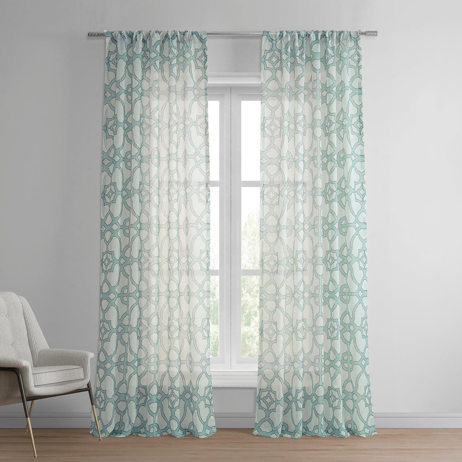 SeaGlass Blue Geometric Printed Sheer Curtains - Light Filtering Window Drapes for Living Room, Bedroom & Office - Modern Home Decor with Stylish Design