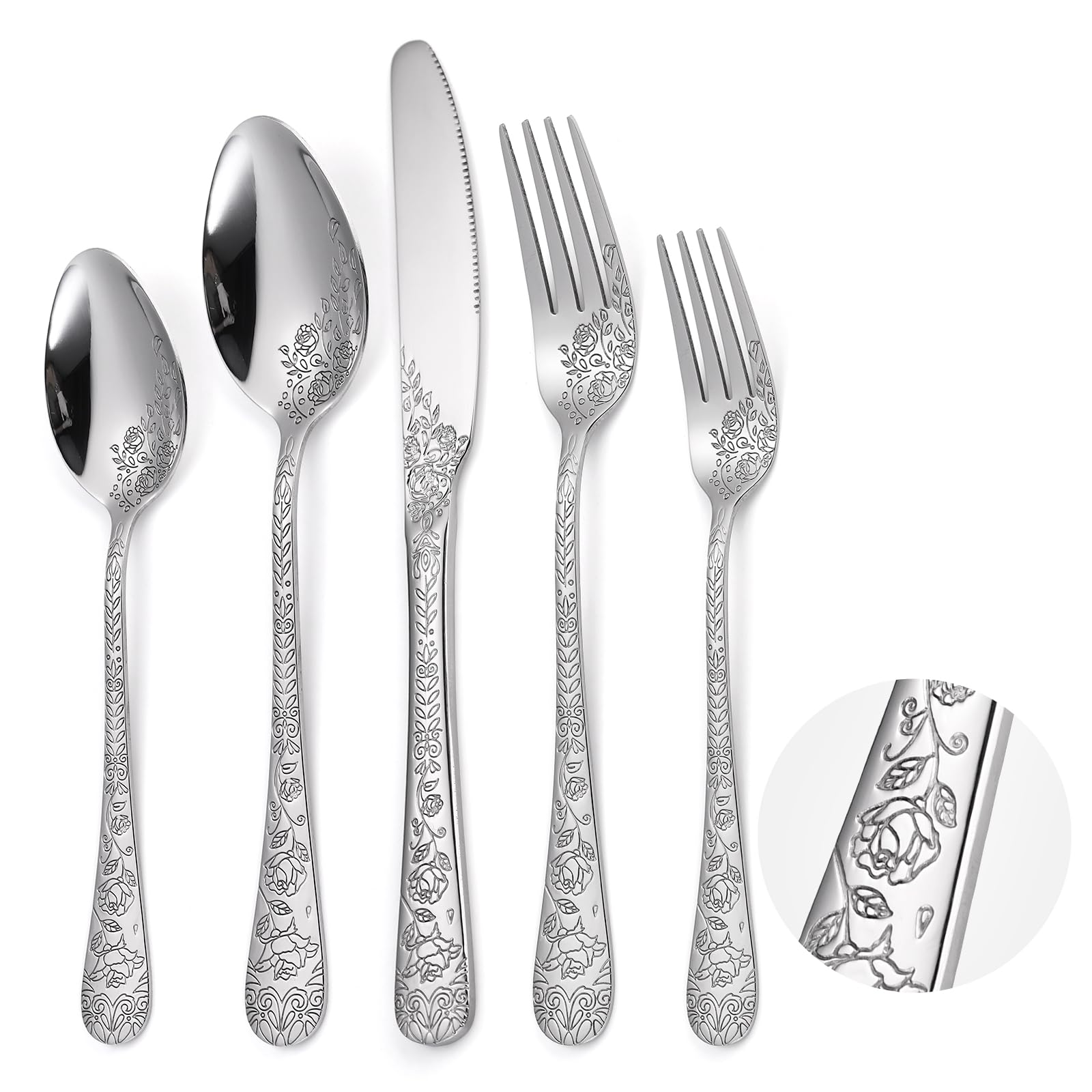 Floral Silverware Set - 6 Stainless Steel Flatware with Engraved Rose Design, 30-Piece Cutlery Set for Restaurant & Home Kitchen | Elegant Dining Utensils for Weddings, Parties & Daily Use