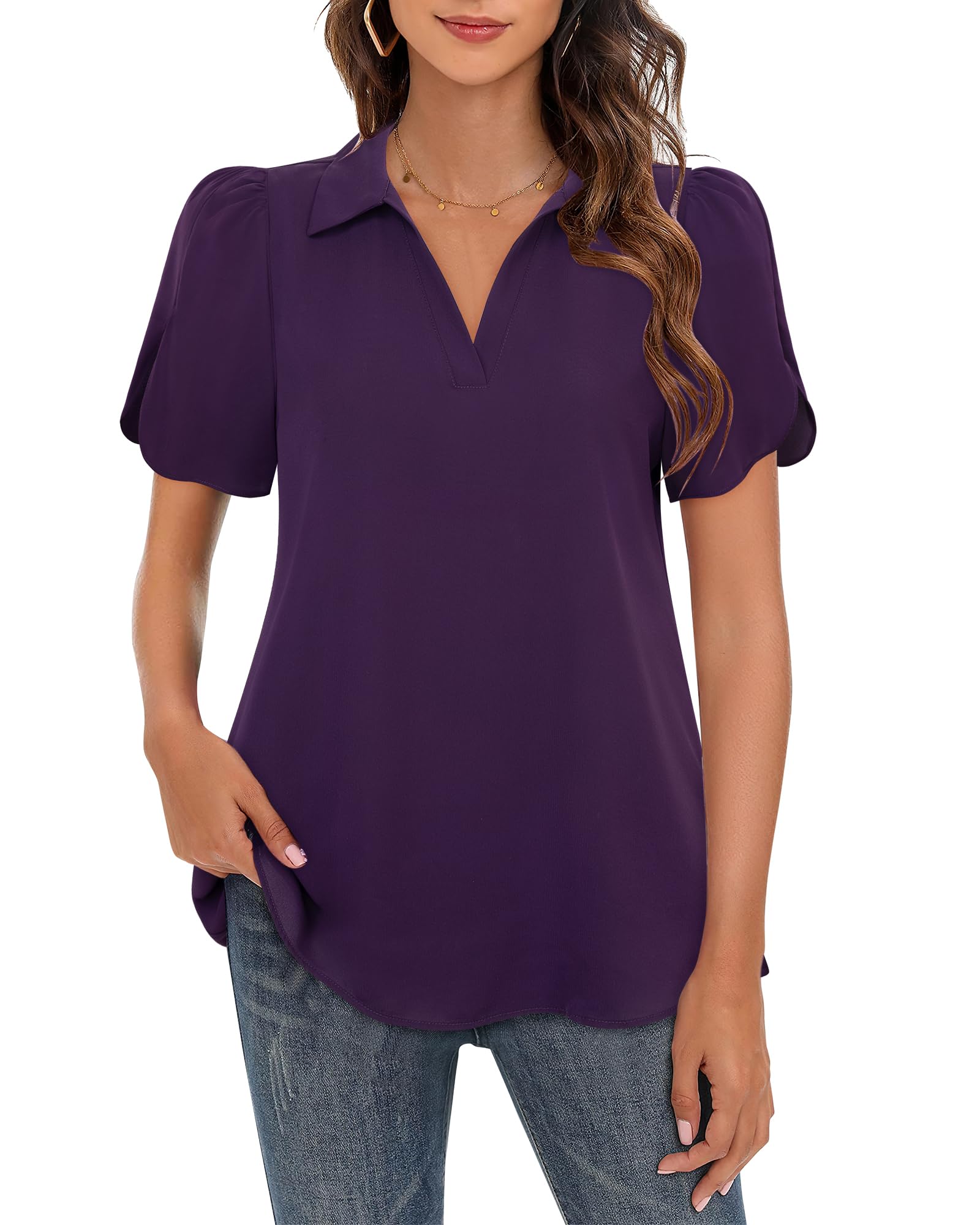 Lotusmile Women's Blouse Dressy Casual Puff Sleeve Top Chiffon Work Shirt with Collar - Perfect for Office, Party & Everyday Wear