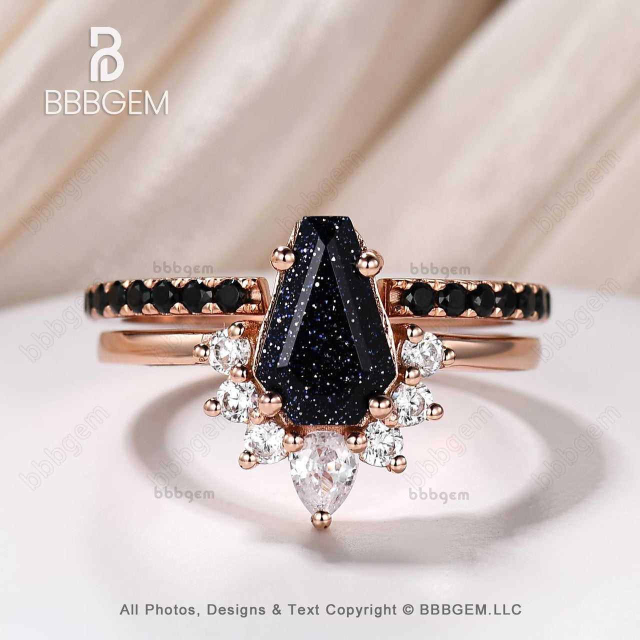 Rose Gold Spinel Coffin Cut Wedding Ring Set for Women - Dark Cluster Blue Sandstone Engagement Rings | Unique Anniversary Gift for Bride, Couples & Special Occasions