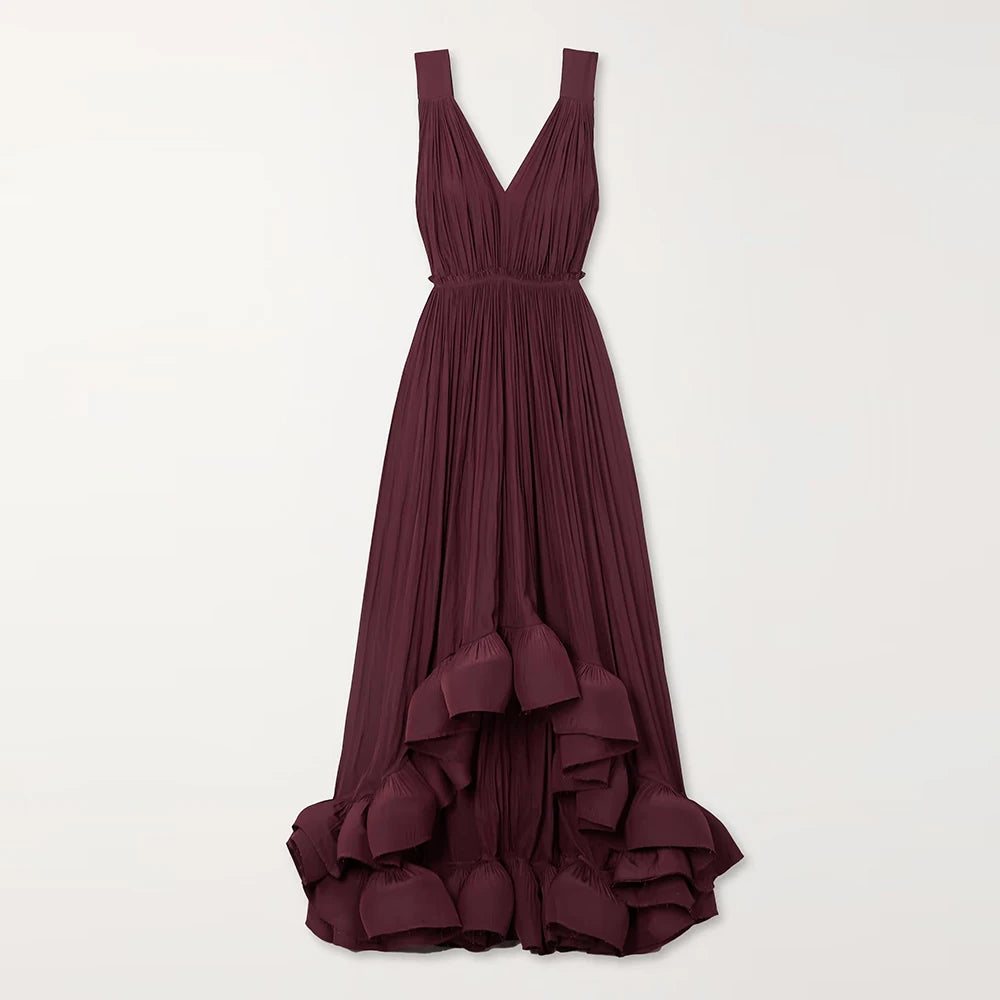 Women's Backless Sleeveless Deep V-Neck High Waist Ruffled Hem Draped Dress - Solid Color Summer Dress 2023 | Perfect for Beach Parties, Date Nights & Cocktail Events