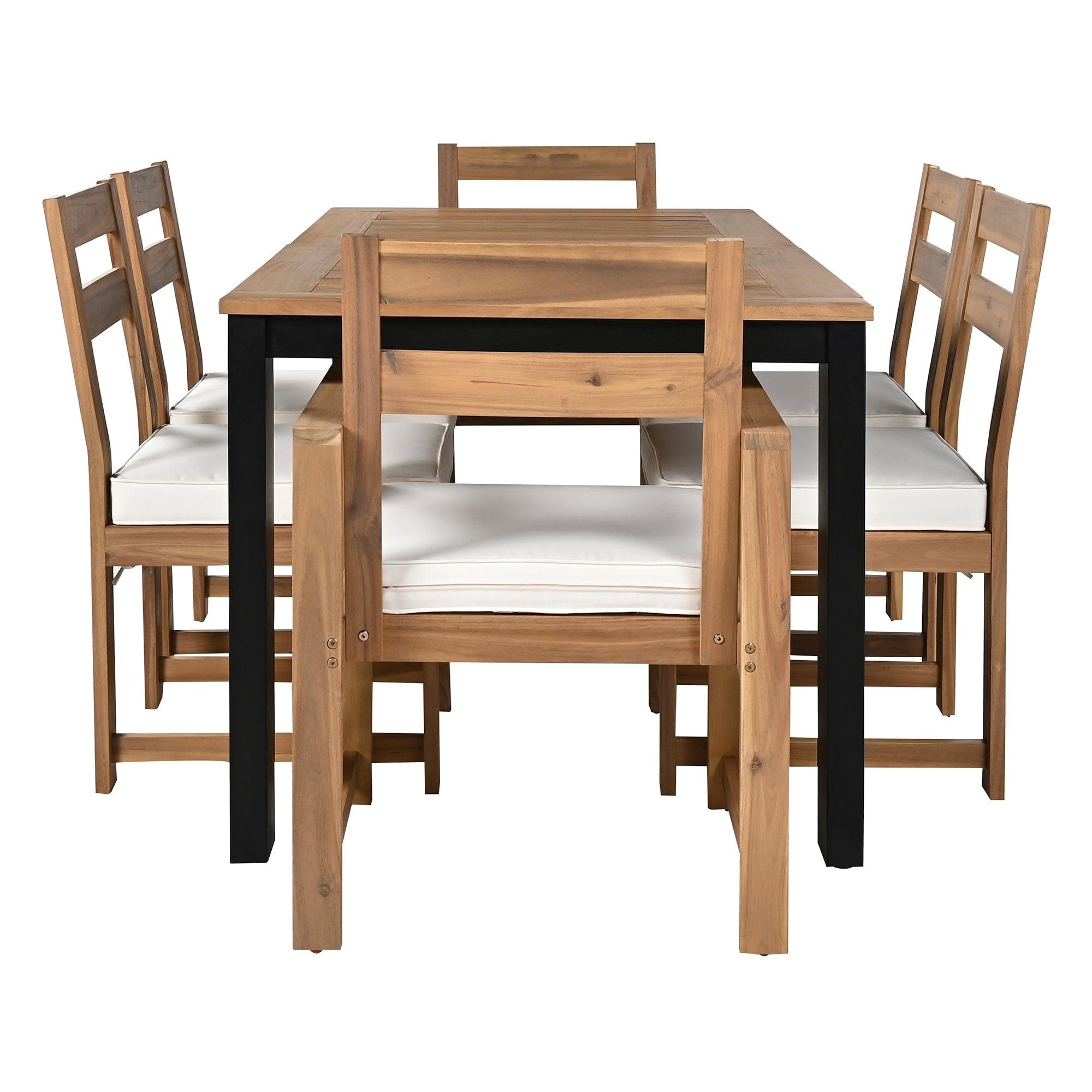 7-Piece Outdoor Patio Dining Set - Wooden Table with Umbrella Hole & 6 Chairs (2 Armchairs + 4 Side Chairs) for Garden, Backyard, Poolside - Perfect for BBQs, Family Gatherings & Outdoor Entertaining