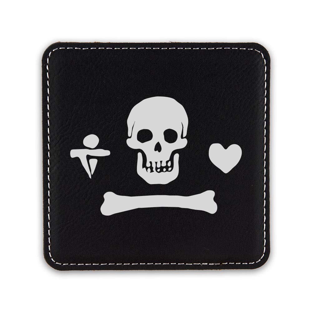 Jolly Roger Stede Bonnet Pirate Drink Coasters - Premium Leatherette Set of 6 - Black & Silver Bar Coasters for Beer, Wine & Cocktails - Perfect for Home Bars, Man Caves & Pirate Themed Parties