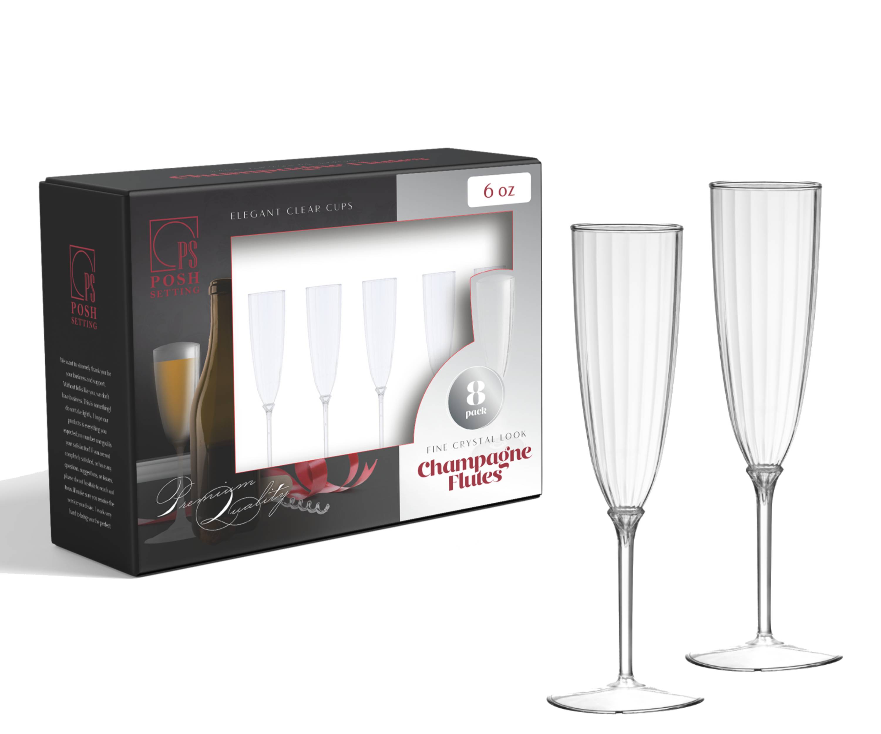 6 Oz Clear Plastic Disposable Champagne Flutes - 8 Pack of Shatterproof Party Cups for Weddings, Events & Celebrations