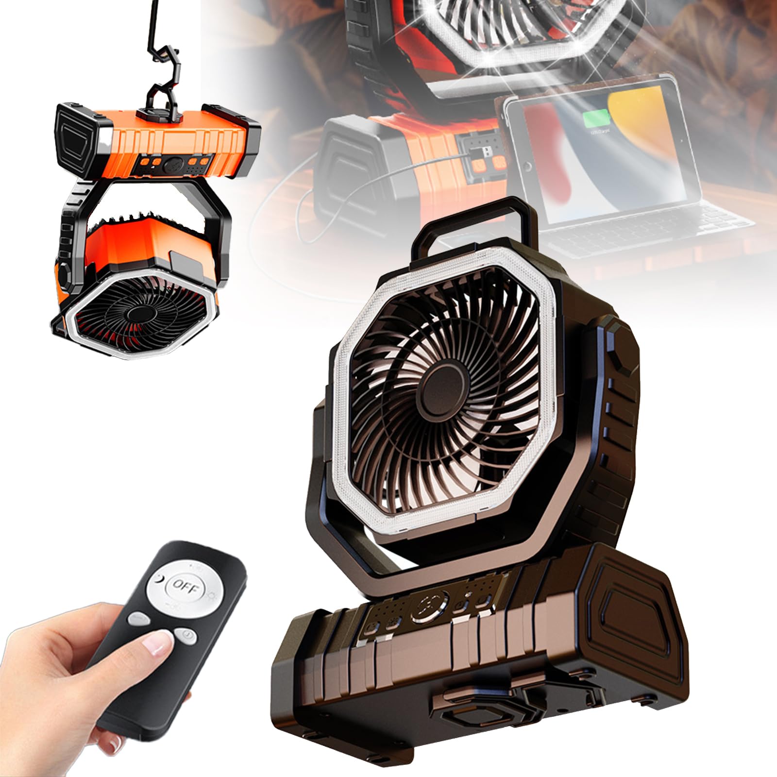 Portable Camping Fan with LED Lights - 20000mAh Rechargeable Battery Operated Outdoor Tent Fan with Light & Hook - 4 Speed Adjustable Battery Powered Fan for Camping, Hiking, Backpacking (Black) - Perfect for Outdoor Adventures, Emergency Power Outages & Summer Travel