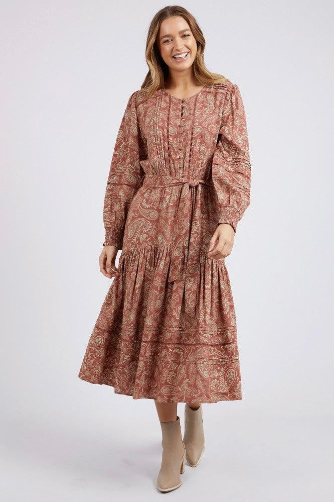 Juliette Rust Paisley Long Sleeve Midi Dress - Elegant Boho Floral Print for Women's Casual Wear, Date Night & Special Occasions