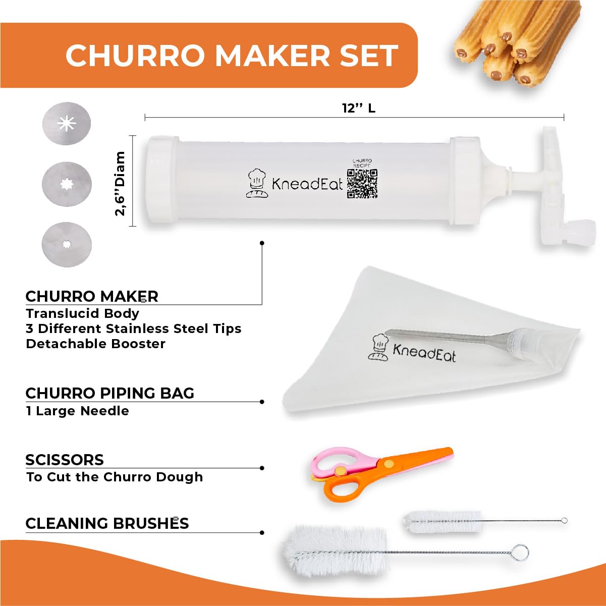 Electric Churro Maker Kit with Booster Handle - 3 Nozzle Churrera, Piping Bag & Scissors - Easy Homemade Churros with QR Recipe - Perfect for Parties, Desserts & Family Baking Fun