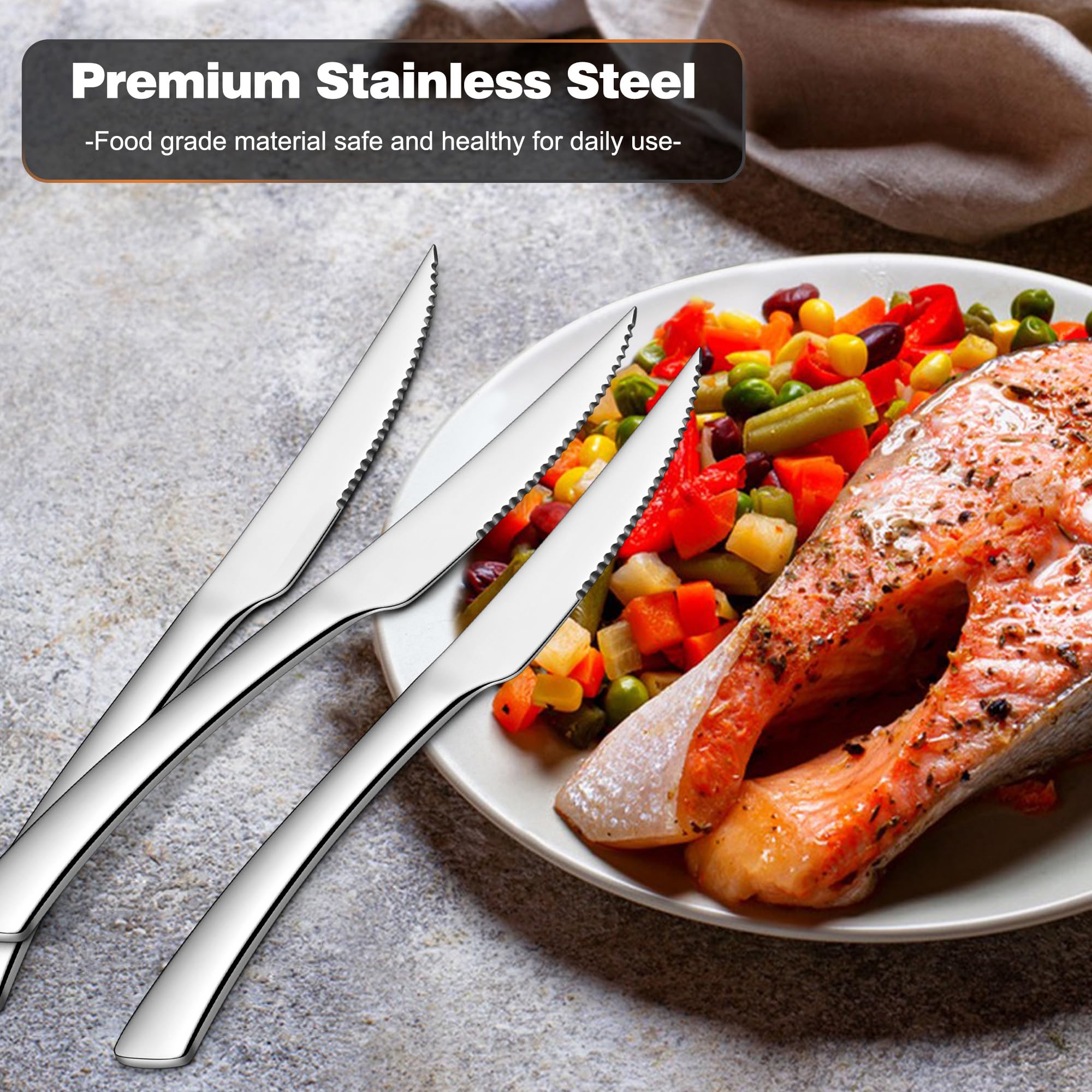 Premium Serrated Steak Knives Set of 12 - 9 Inch Stainless Steel Dinner Knives with Ergonomic Handle & Sharp Blade - Mirror Silver Finish - Dishwasher Safe - Perfect for Home Kitchen, Restaurant & Outdoor BBQ Parties