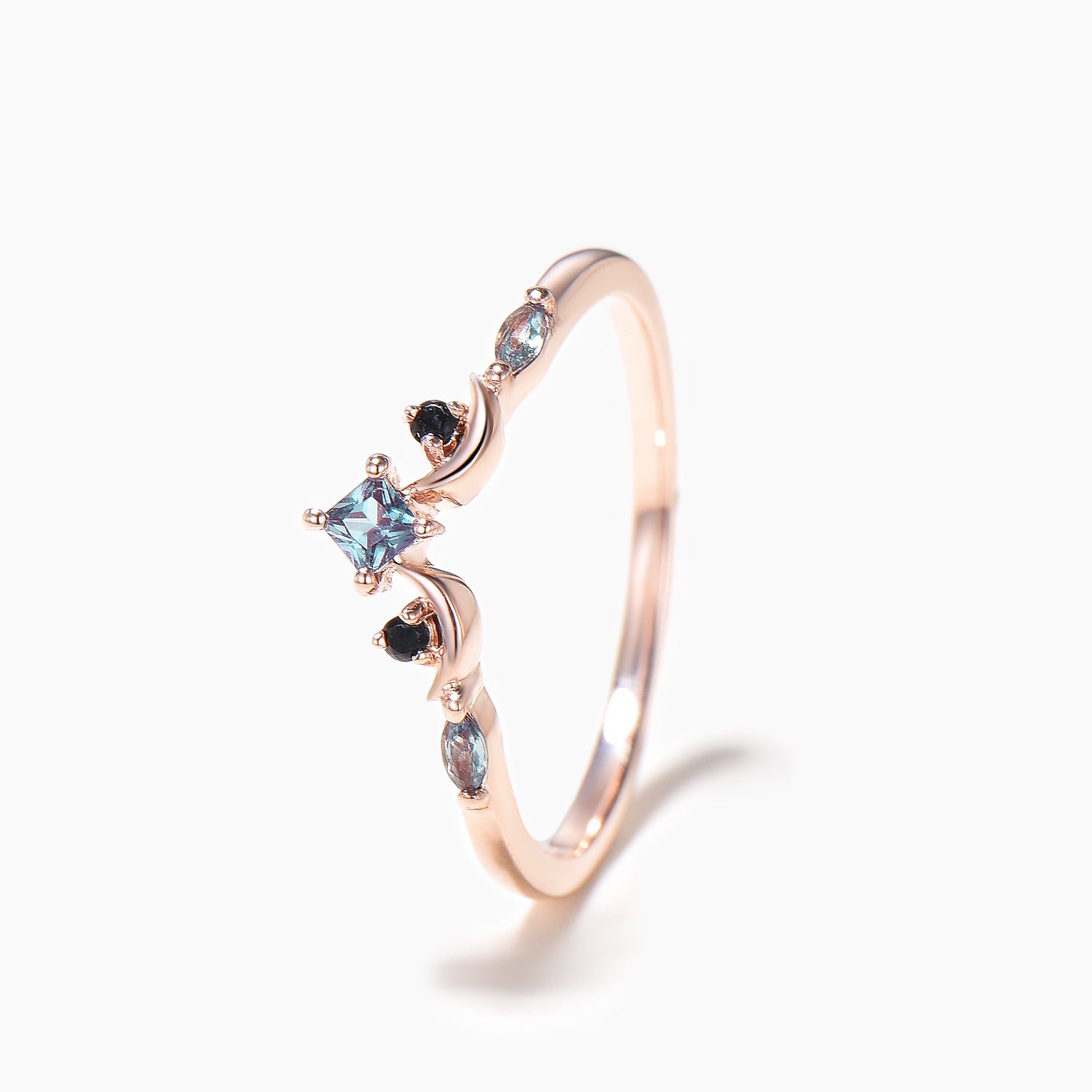 Princess Cut Color Changing Alexandrite Wedding Band with Black Spinel - Elegant Moon Ring for Engagement, Anniversary & Special Occasions
