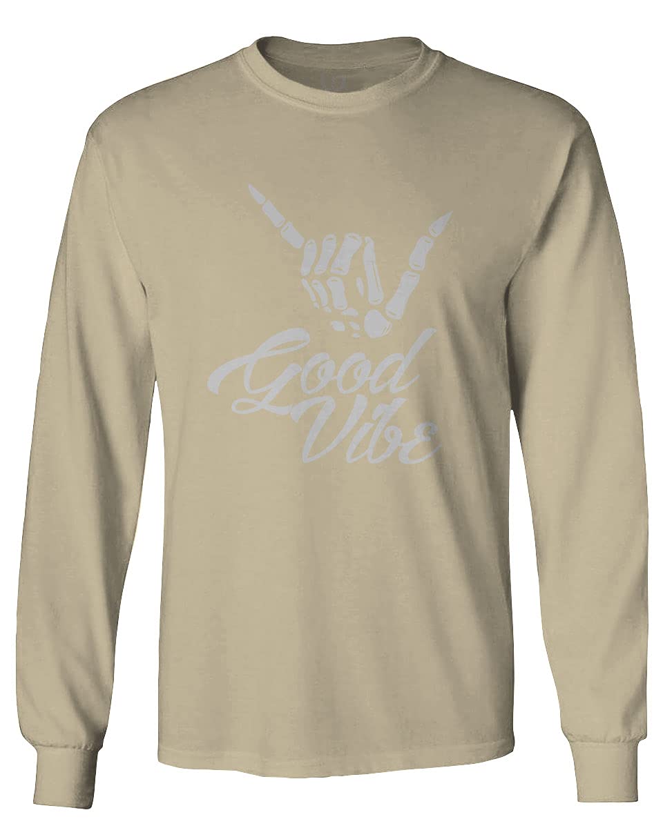 Big Good Vibe Bones Hand Shaka Cool Vintage Hipster Graphic Long Sleeve Men's T-Shirt - Retro Surf Style for Beach, Music Festivals & Casual Wear