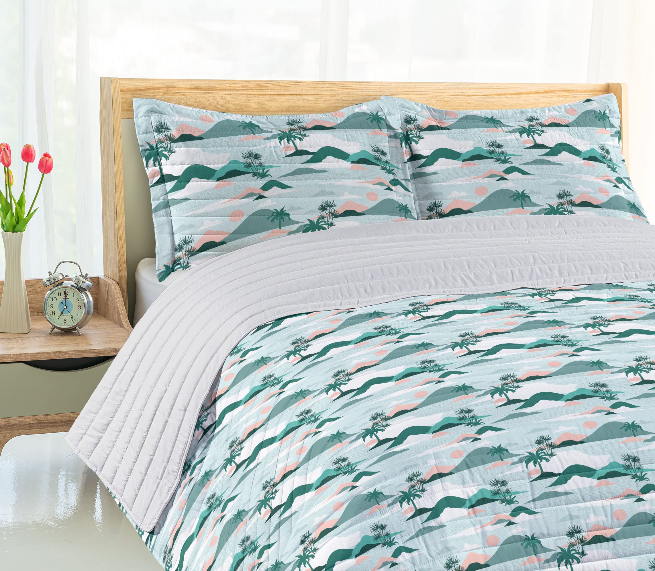 Ambesonne Hawaii King Size Microfiber Bedspread Set - Soft Pastel Palm Tree Beach Design with Pillow Shams & Comforter in Teal Blush | Tropical Bedroom Decor for Coastal & Vacation Style Homes