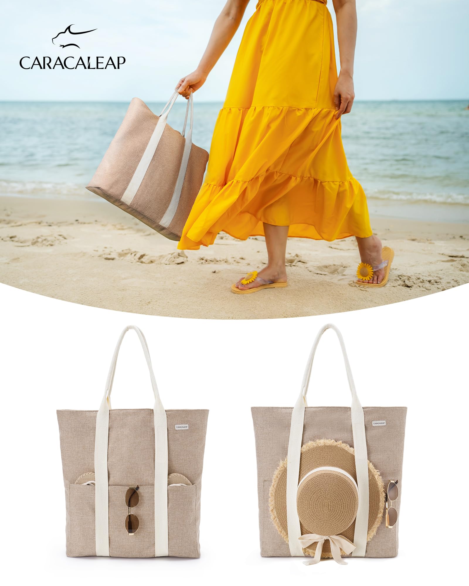 Large Waterproof Beach Tote Bag with Zipper - Stylish Travel Tote for Women | Sun Hat Holder & Spacious Design | Perfect for Summer Vacations, Pool Parties & Boho Beach Outings