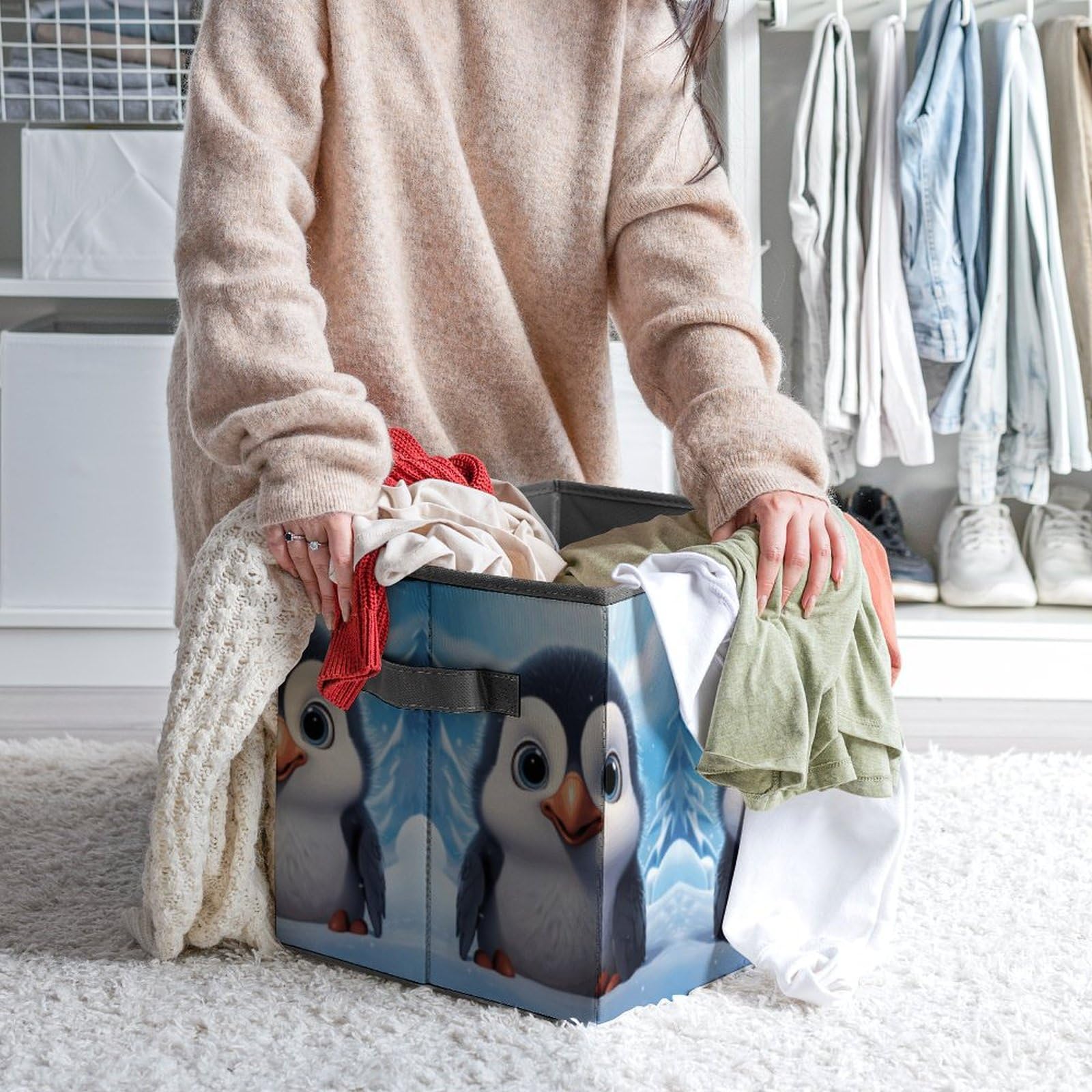Cute Penguin Storage Bin - Large Collapsible Fabric Storage Box with Handles 10.6x10.6x10.6 Inches - Closet Organizer for Home, Office, Kids Room & Nursery (Perfect for Toys, Books & Clothes Storage)