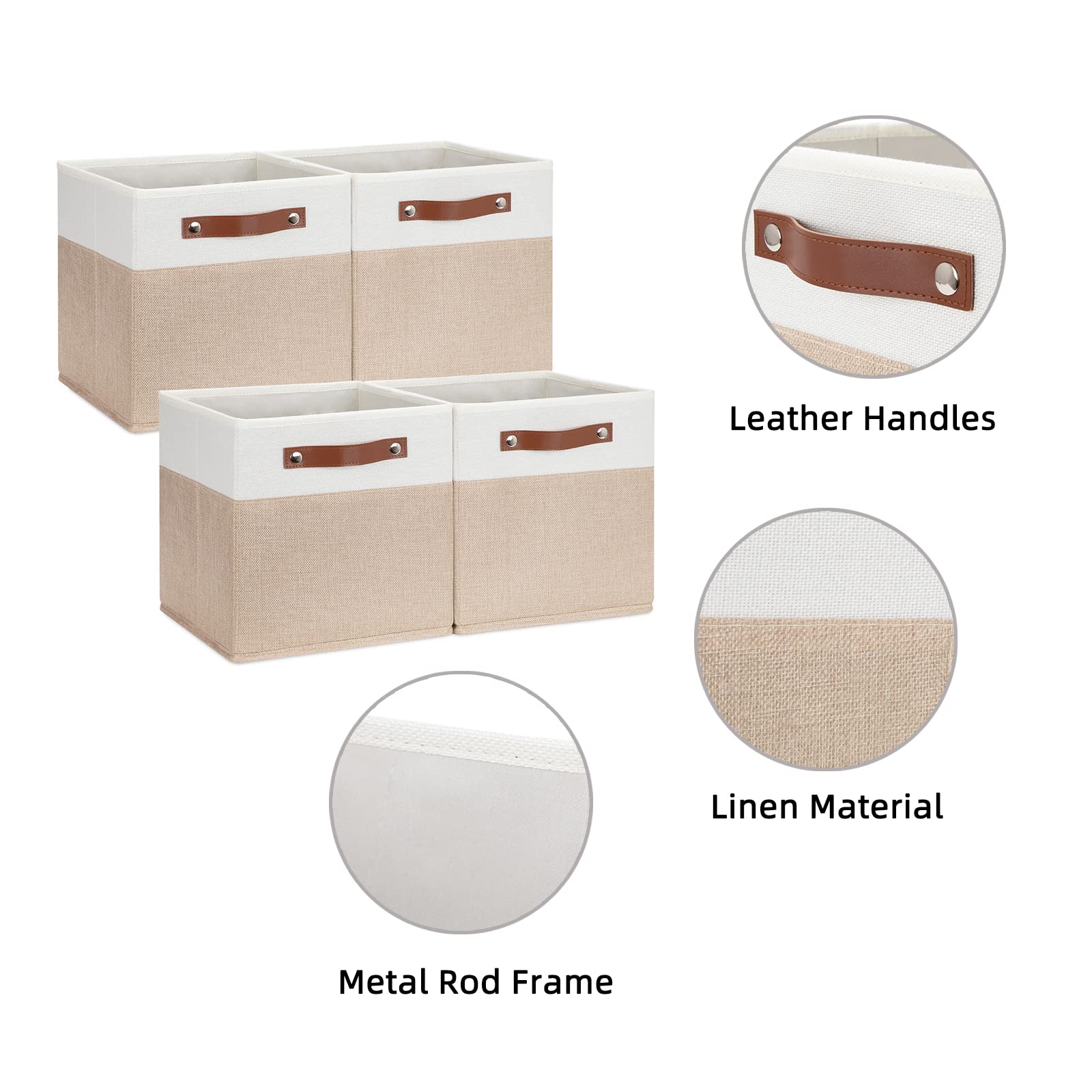 HNZIGE 11x11 Inch Foldable Fabric Storage Bins with Leather Handles - 4 Pack White Beige Storage Cubes for Shelves | Organize Clothes, Toys, Home & Nursery Decor | Space Saving Storage Solution for Bedroom, Closet & Kids Room