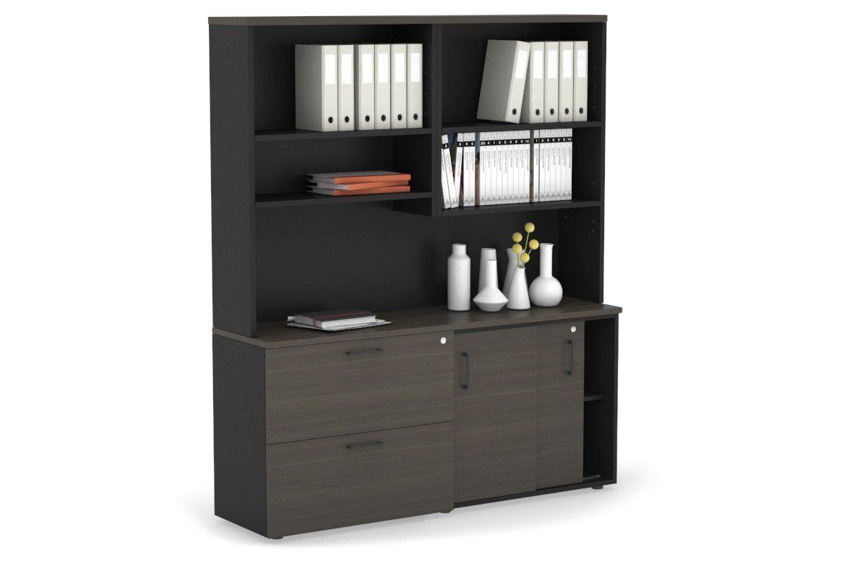 2-Door Sliding Credenza with 2 Drawers & Open Hutch - Modern Office Storage Cabinet for Files, Supplies & Decor - Perfect for Home Office, Conference Rooms & Workspaces
