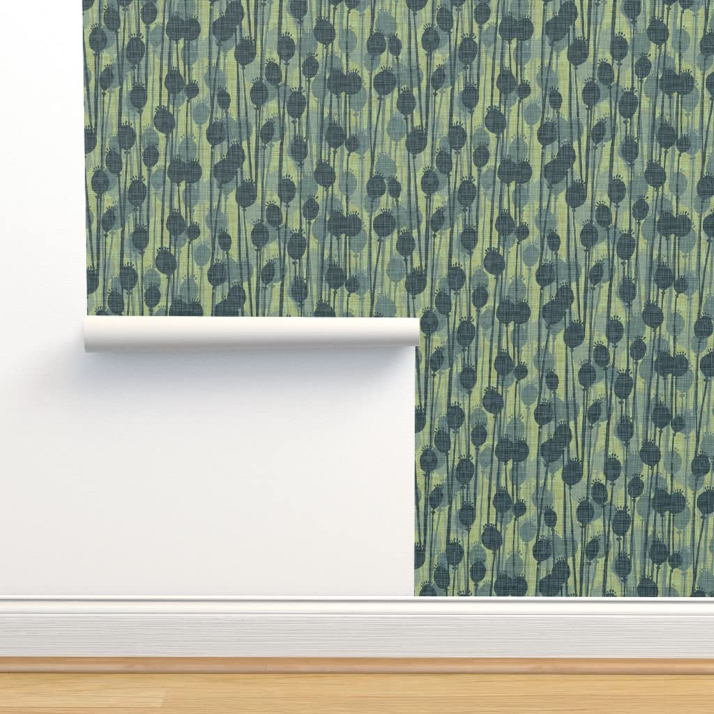 Premium Commercial Grade Wallpaper Swatch - Watercolor Poppy Heads & Sage Flowers Botanical Sketch Design by Spoonflower | Perfect for Living Room, Bedroom & Office Decor