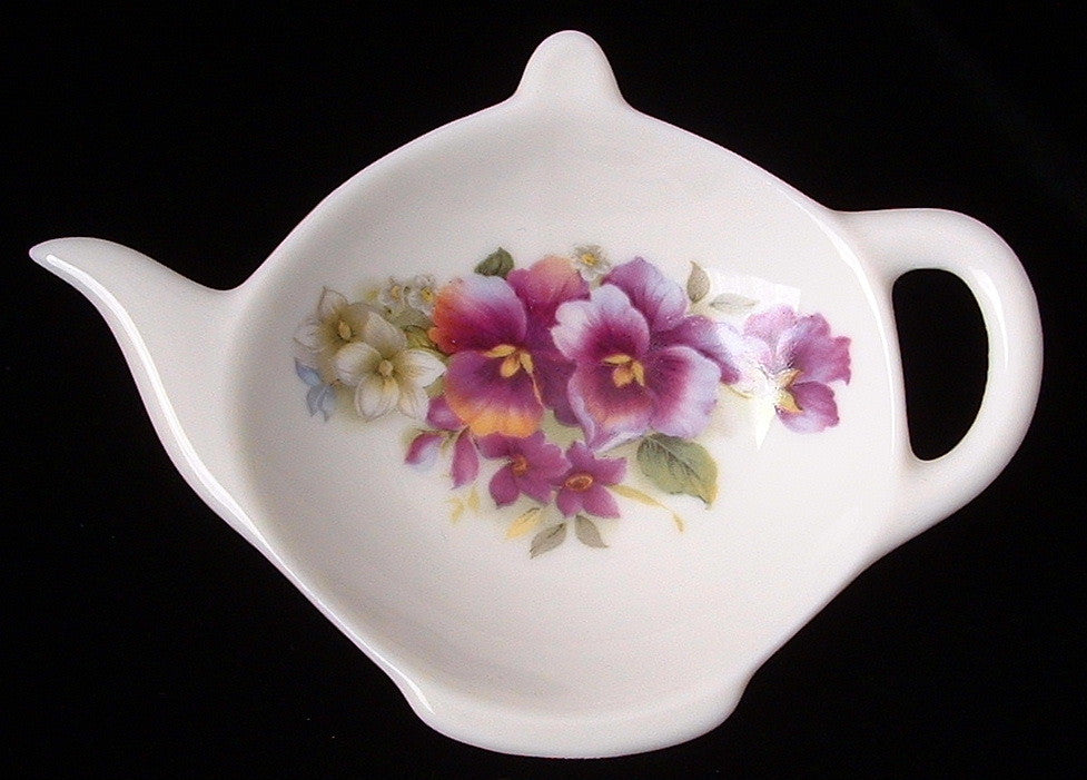 Royal Patrician England Bone China Teapot-Shaped Tea Bag Caddy with Pansies Design - Perfect for Afternoon Tea, Gifts, and Kitchen Decor