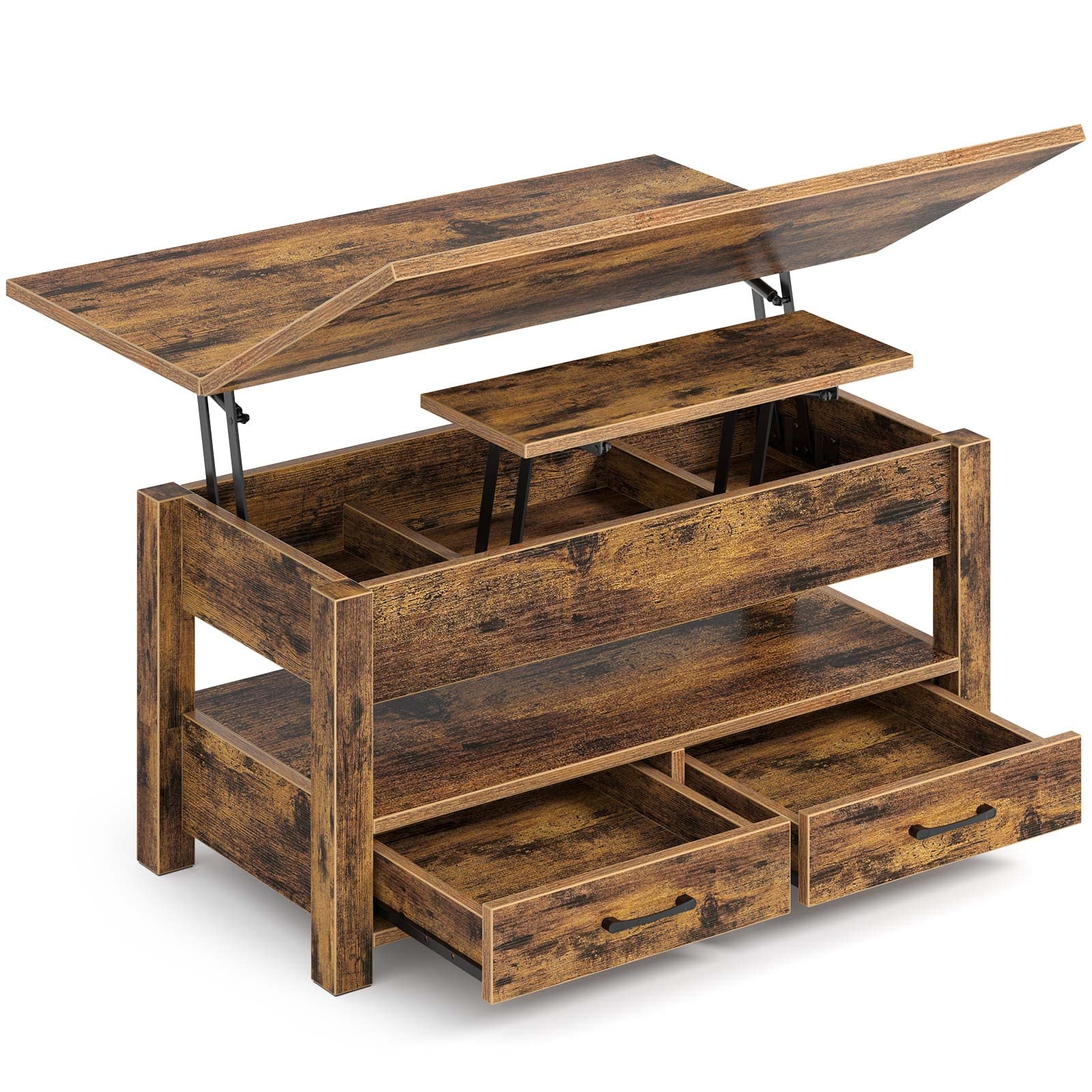 Rolanstar Lift Top Coffee Table with Drawers - Convertible Rustic Brown Coffee to Dining Table - Hidden Storage Compartment - Perfect for Living Room, Home Office & Small Spaces