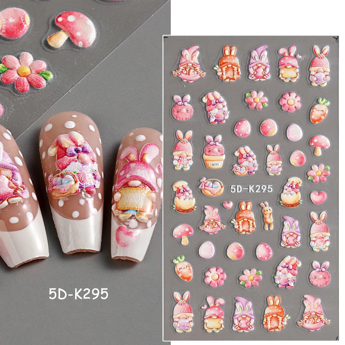 5D Easter Nail Art Stickers - Embossed Bunny & Egg Nail Decals - Self-Adhesive Spring Flower Nail Designs - Cartoon Rabbit & Carrot Nail Stickers Set for Easter DIY Manicure, Party Nail Art, Spring Festival Decorations