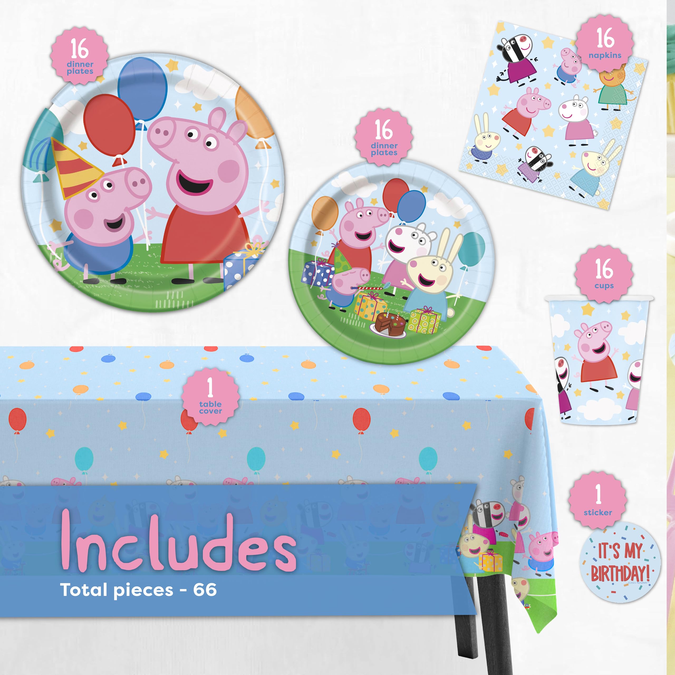 Peppa Pig Birthday Party Supplies Kit for 16 Guests - Includes Table Cover, Plates, Napkins, Cups & Stickers | Complete Party Decorations for Kids Birthday Celebration | Perfect for Themed Parties, Baby Showers & Family Gatherings
