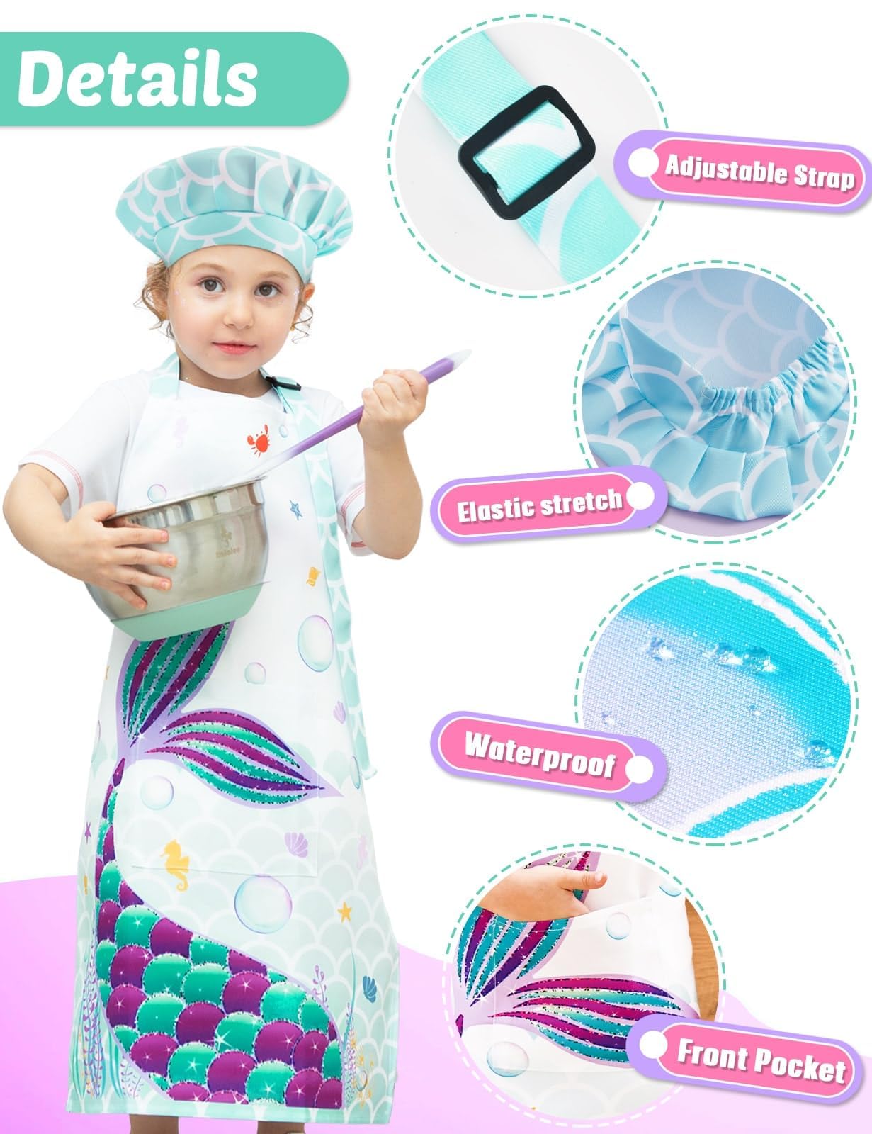 WERNNSAI Kids Aprons Chef Hat Set - 3-Piece Art & Cooking Apron for Boys & Girls - Waterproof Painting Smock for Cooking, Gardening, Baking & Arts & Crafts - Perfect for Kitchen Play, DIY Projects & Preschool Activities