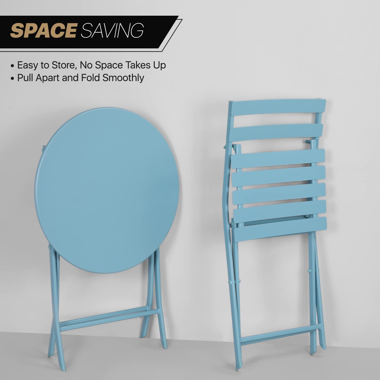 MoNiBloom 3-Piece Outdoor Bistro Set - Foldable Metal Patio Furniture with Round Table & Chairs for Porch, Yard, Balcony, Garden - Blue | Perfect for Small Spaces, Coffee Breaks & Outdoor Dining
