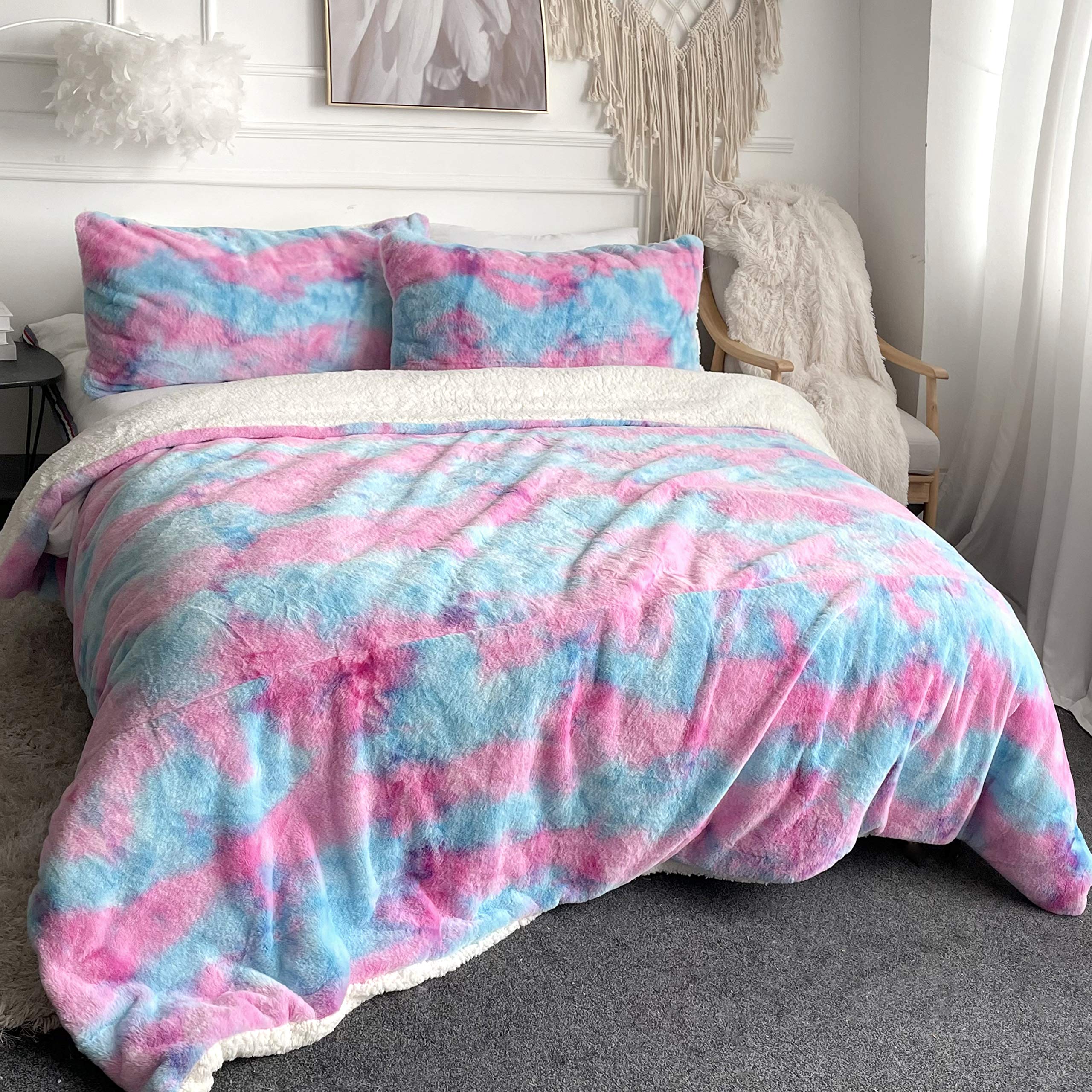 Sleepwish Shaggy Duvet Cover Set - Purple Tie Dye Plush Bedding | Ultra Soft Crystal Velvet & Faux Fur Sherpa Backing | 3-Piece Comforter Cover with 2 Pillowcases (Full/Queen Size) | Cozy Winter Bedroom Upgrade for Master Bedroom, Guest Room & Dorm Decor