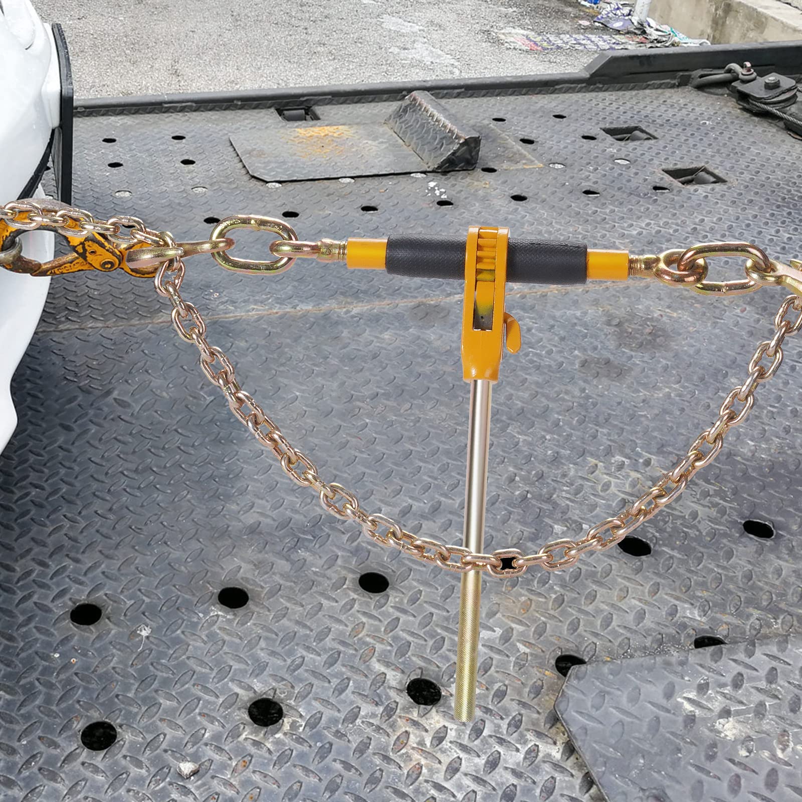 VEVOR 5/16-3/8 Inch Ratchet Chain Binder with 7100 lbs Load Capacity & G80 4700 lbs Chain - 4-Pack Black & Yellow Tie Down Binders for Flatbed Truck Trailers - Heavy Duty Hauling, Towing, and Cargo Securing