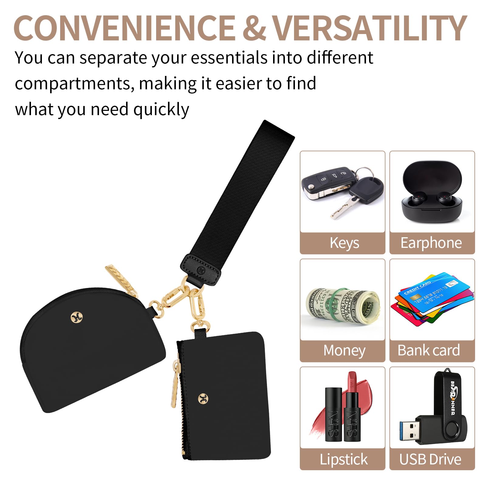 Detachable Dual Pouch Keychain Wallet for Women & Men - Portable Mini Zip Around Small Wallet & Coin Purse (Black+Black) - Perfect for Travel, Shopping, and Everyday Essentials Organization