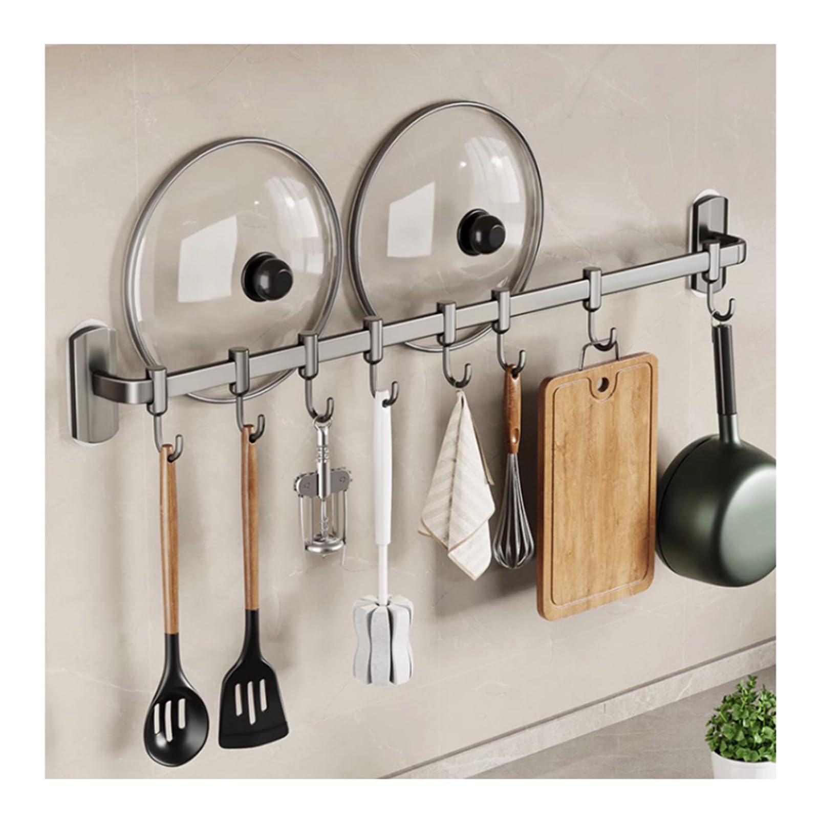 8 Adjustable Aluminum Kitchen Hooks Rail - Modern Minimalist Wall Mount Utensil Organizer (45cm, Grey) - Perfect for Small Kitchens, Pantries & Bathroom Storage