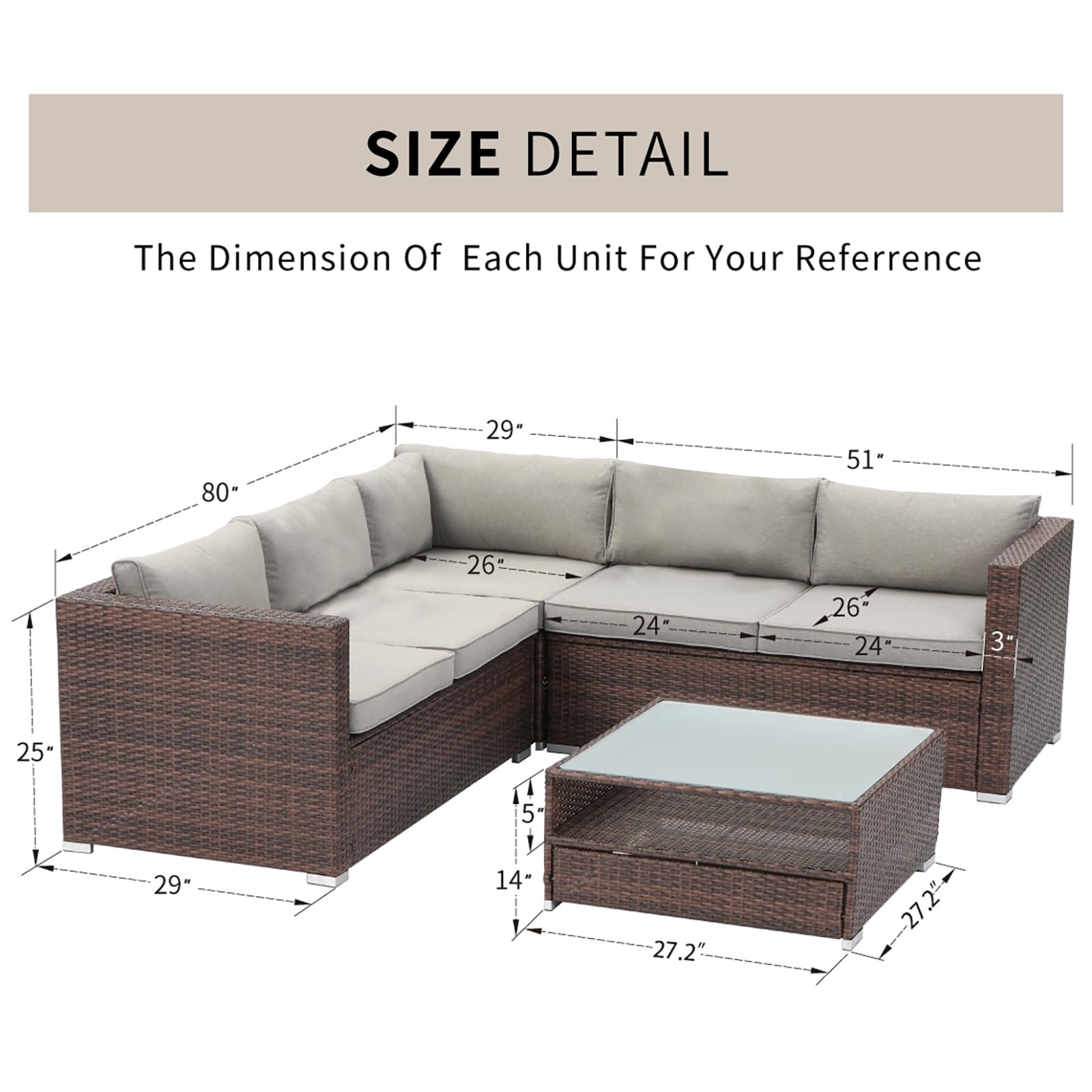 HOMPUS 6-Piece Outdoor Patio Furniture Set - Brown Modular Rattan Sectional Sofa with Gray Cushions, Wicker Conversation Set & Glass Coffee Table, Includes 2 Pillows - Perfect for Garden, Deck, Backyard & Poolside Relaxation