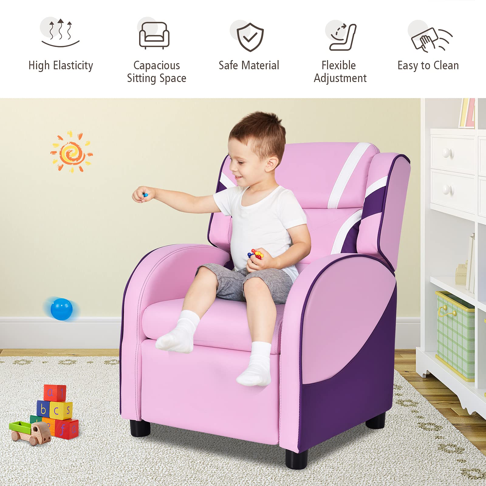 ARLIME Kids Recliner Chair - Adjustable PU Leather Lounge Chair with Footrest, Armrests & Lumbar Support - Comfortable Toddler Sofa for Boys & Girls (Pink) - Perfect for Reading, Gaming & Relaxing in Bedroom or Playroom
