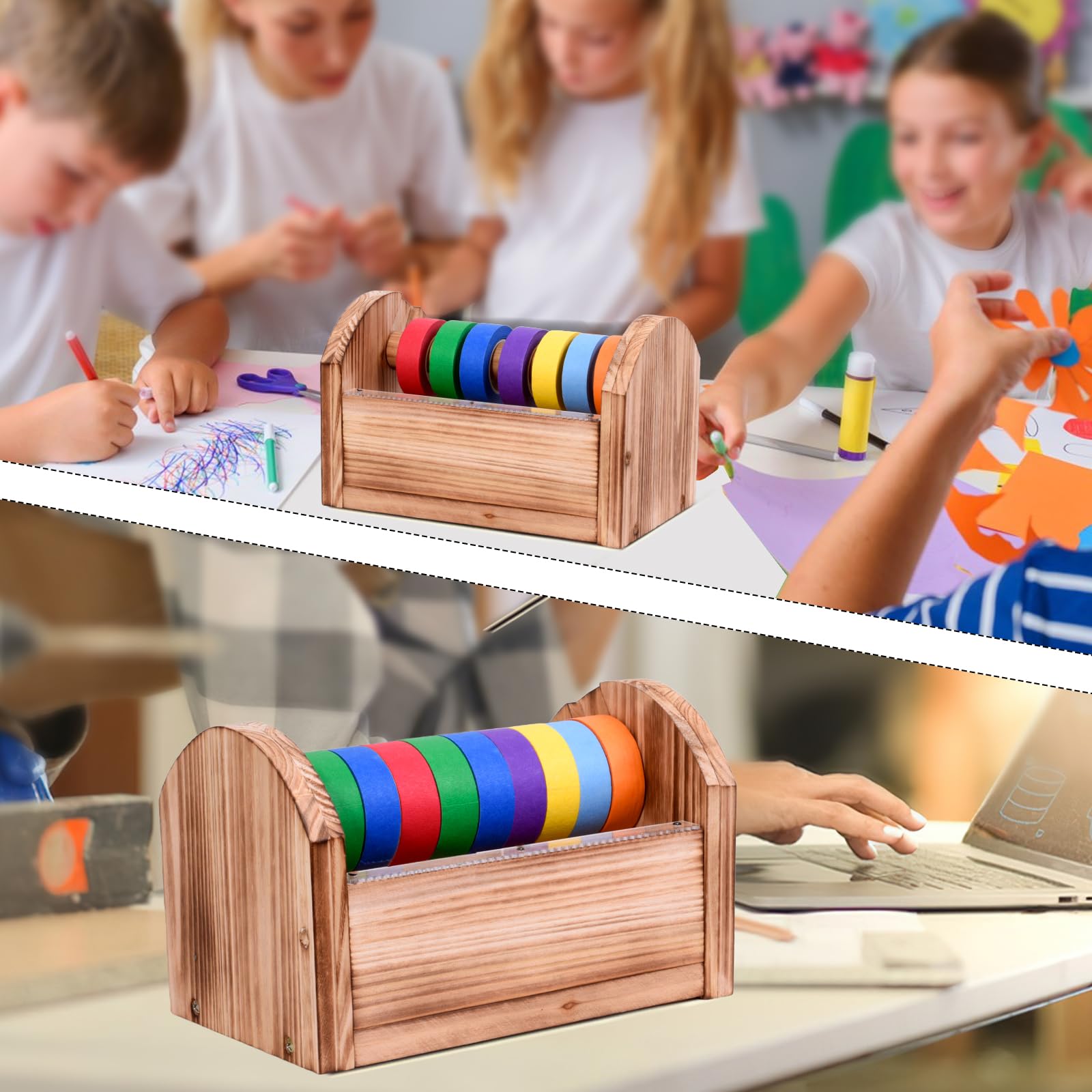 Wooden Masking Tape Dispenser - Multi Roll Tape Holder & Cutter for Kids Crafts, Gift Wrapping, Office & School Use | Sawtooth Design for Easy Mounting | Perfect for DIY Projects, Classroom Activities & Home Organization