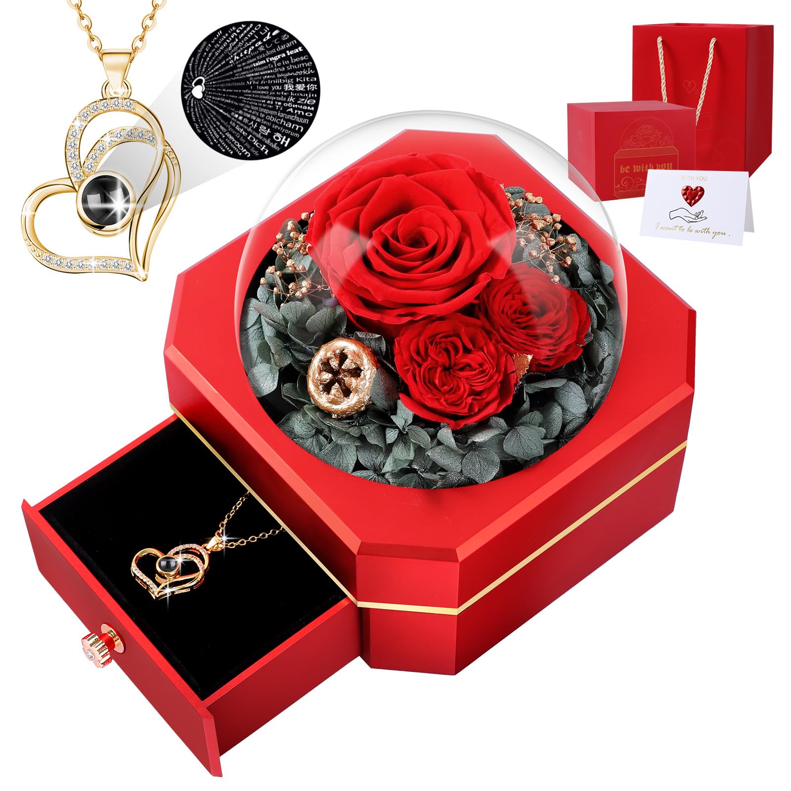 Firestyle Preserved Real Rose Eternal Flower Gift with 'I Love You' Necklace in 100 Languages - Romantic Present for Women, Wife, Mom - Perfect for Christmas, Birthday, Anniversary, Valentine's Day & Mother's Day - Home Decor & Special Occasion Gift