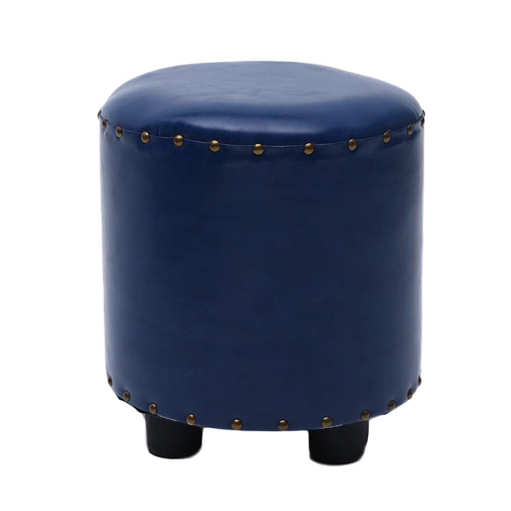 LIANGLIANG Leather Round Pouffe Stool - 8 Color Options (Blue) 32x38cm, Multi-Functional Shoe Bench & Footstool for Living Room, Entryway, Bedroom - Comfortable & Stylish Home Decor