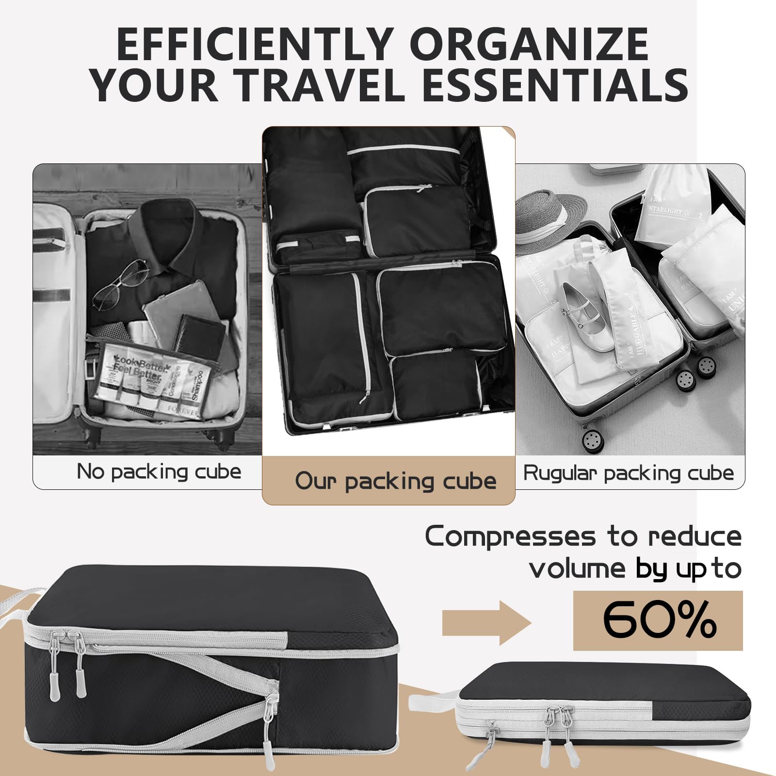 8-Piece Compression Packing Cubes Set for Travel - Luggage Organizer Bags for Women & Men (Black) | Perfect for Suitcase Organization, Business Trips & Vacation Packing
