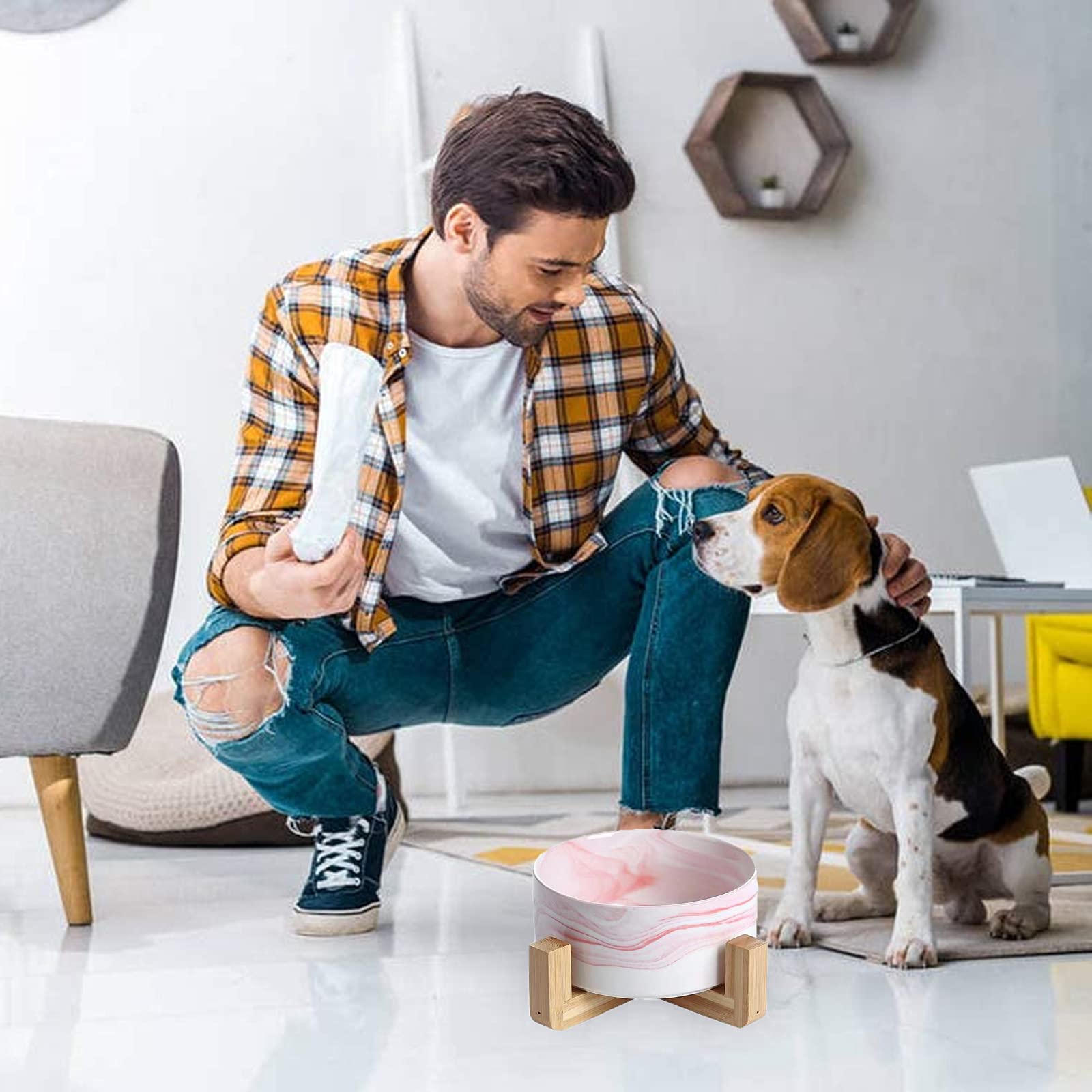 Ceramic Elevated Dog & Cat Bowl Set with Wood Stand - 28oz Durable Pet Food & Water Dish - Modern Weighted Design in Marble Pink for Small to Medium Pets - Perfect for Dining, Kitchen, or Living Room Use