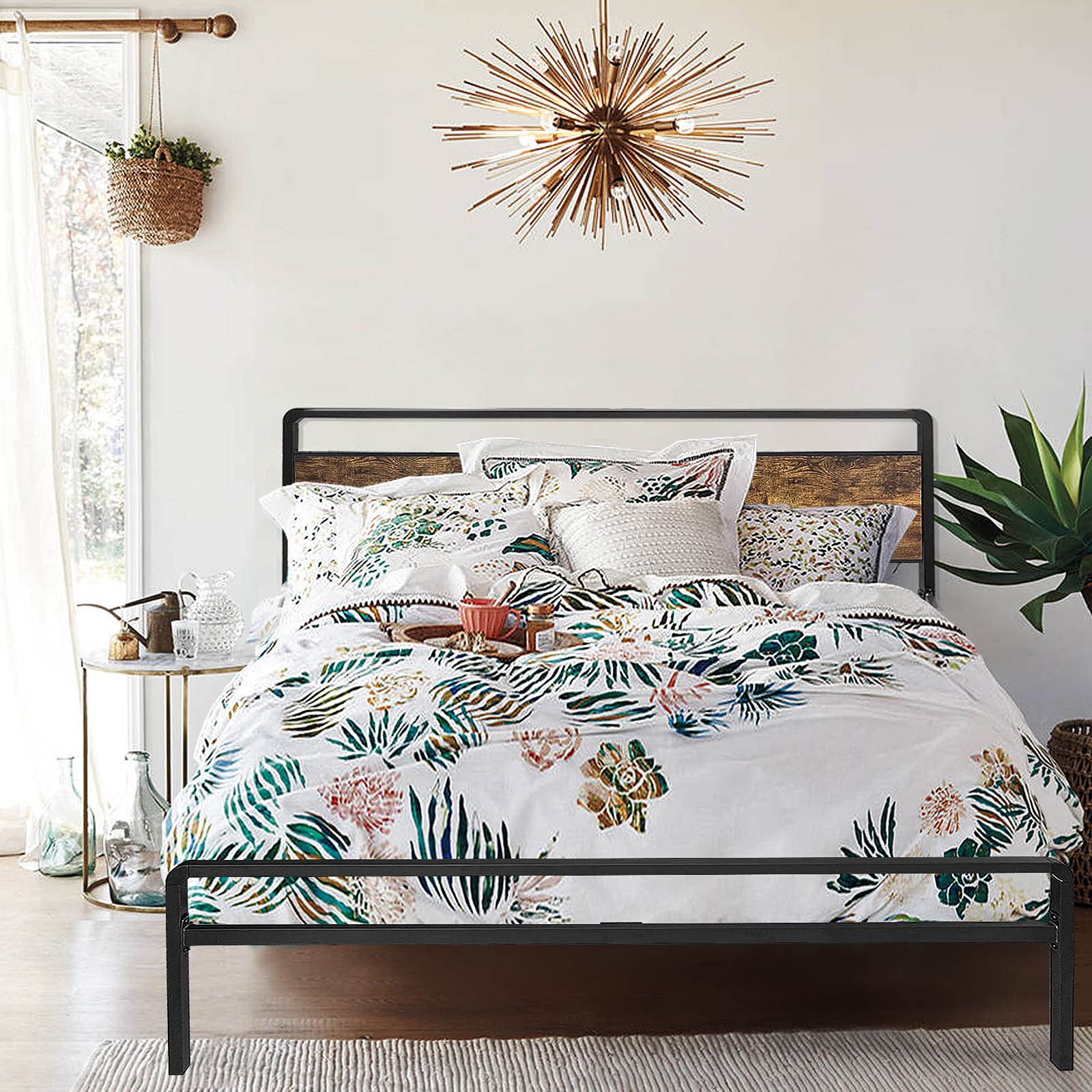 JOM California King Bed Frame with Headboard & Storage - No Box Spring Needed, Heavy Duty Metal-Wood Platform Bed Frame for Master Bedroom, Guest Room, or Dorm (Cal King Size)