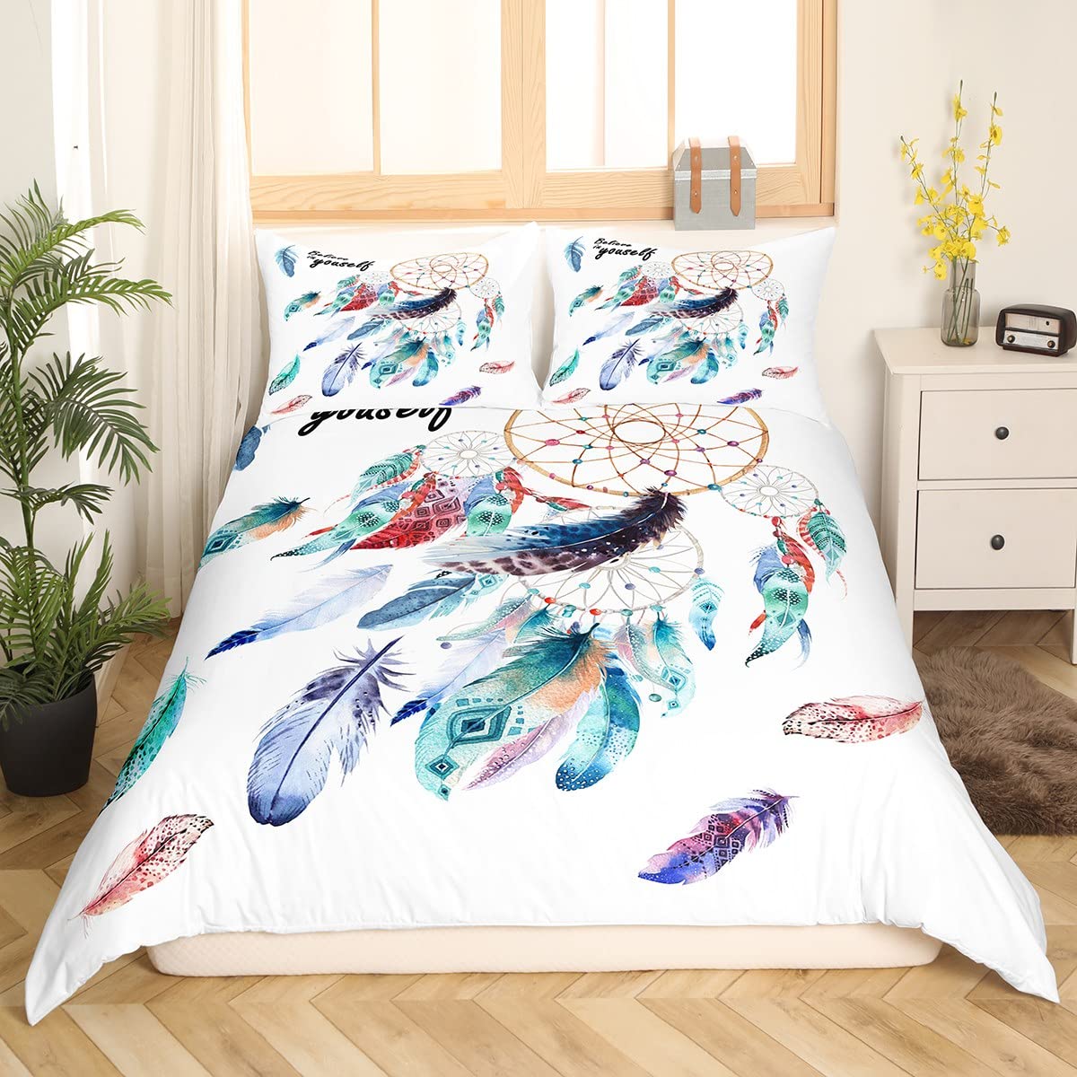 Bohemian Dreamcatcher Duvet Cover Set for Kids - Twin Size 2Pcs, Breathable Feather Print Comforter Cover with Colorful Bedspread - Perfect for Girls' Room Decor & Boho Chic Bedroom Styling