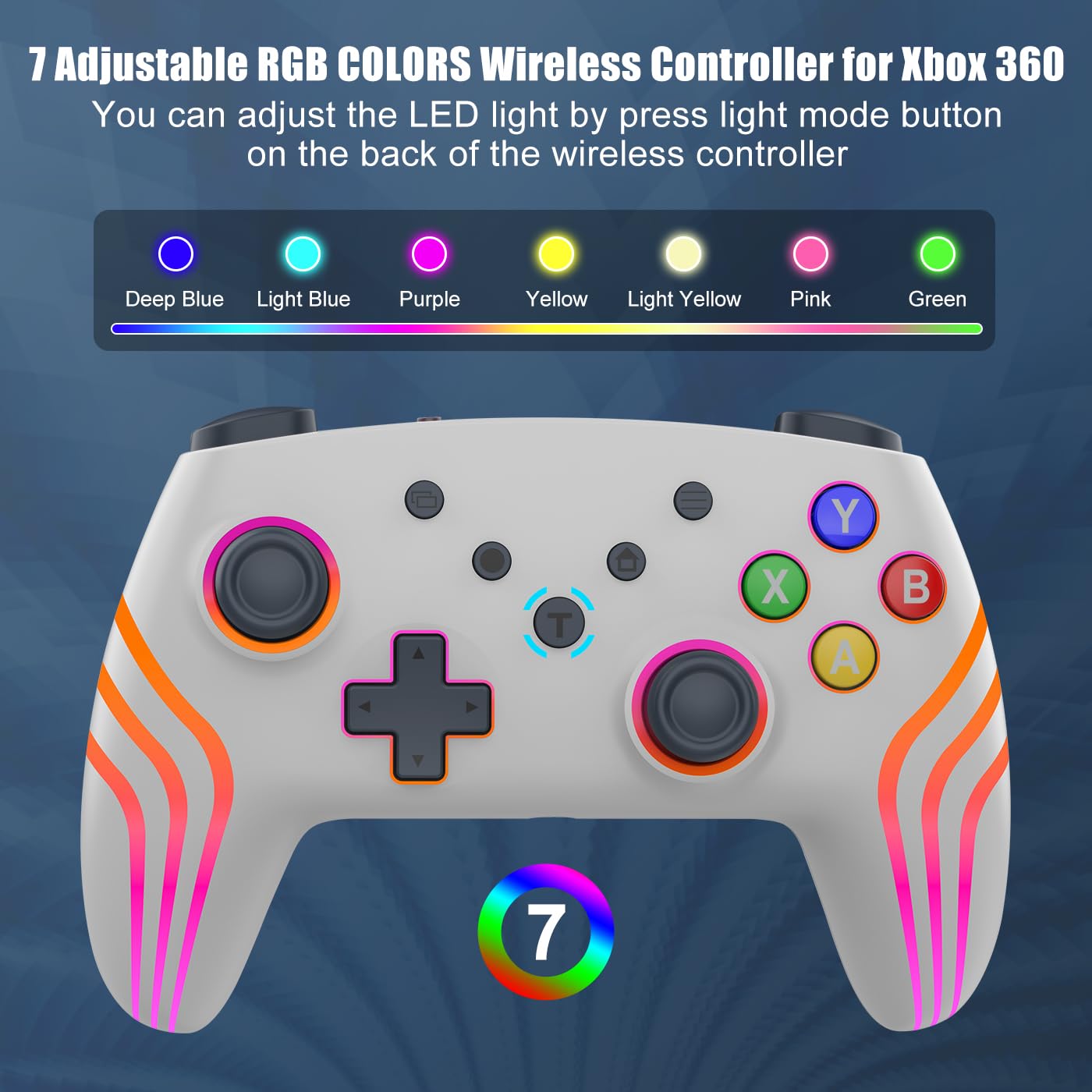 Wireless Xbox 360 Controller with RGB LED Lights - 2.4GHz Gaming Controller Compatible with Xbox 360/Xbox 360 Slim | Built-in 800mAh Battery & 3.5mm Audio Jack | Grey - Perfect for Long Gaming Sessions & Multiplayer Battles
