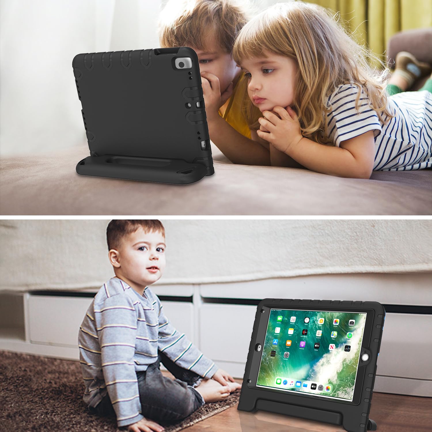 AVAWO Shockproof Kids iPad Case for iPad 9.7 (5th/6th Gen 2017/2018) & iPad Air 2 - Lightweight Convertible Handle Stand Cover with Built-in Screen Protector | Perfect for School, Travel & Home Use (Black)