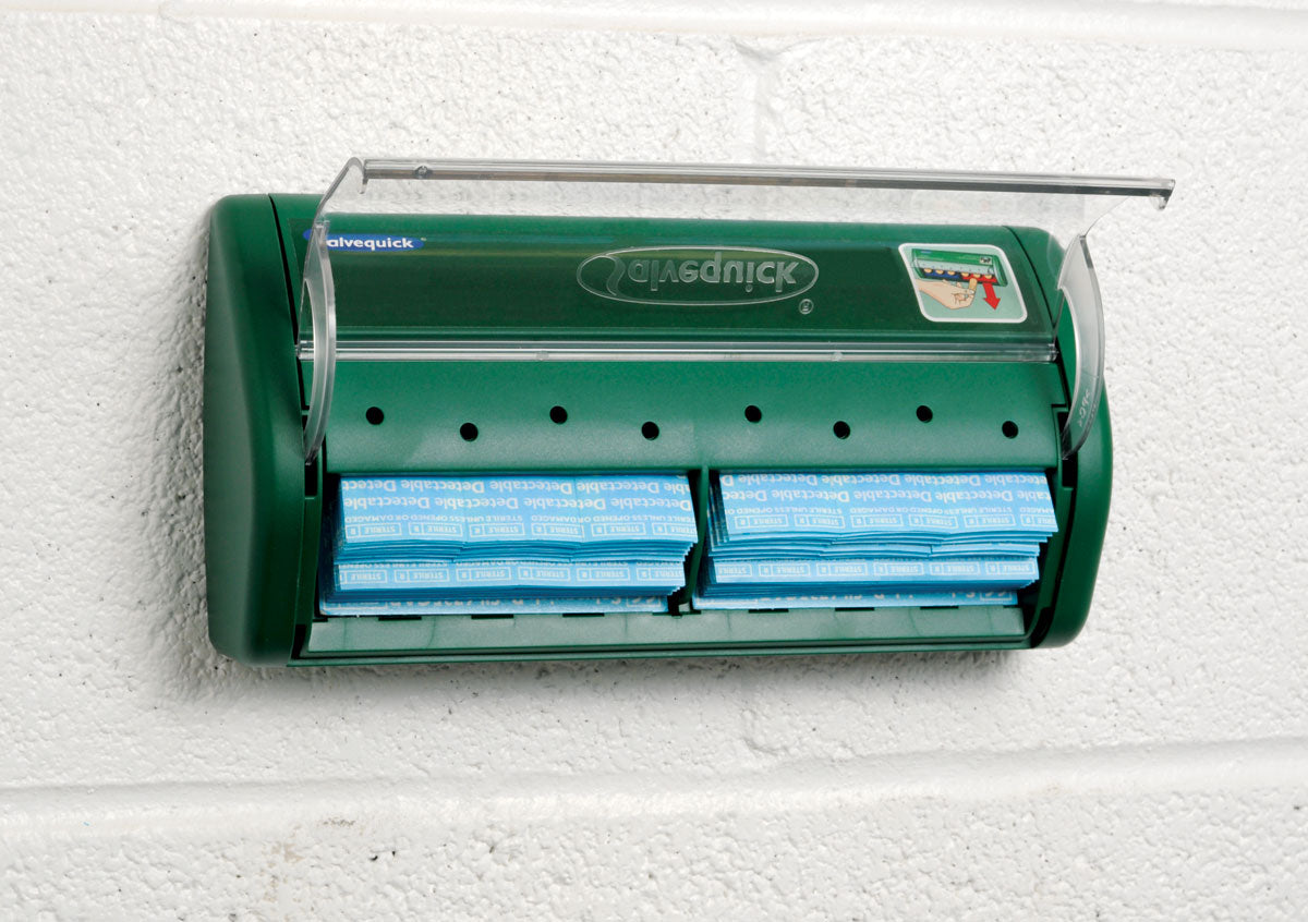 SalveQuick Bandage Dispenser with Plastic Detectable Bandages - First Aid Solution for Workplace Safety & Medical Emergencies