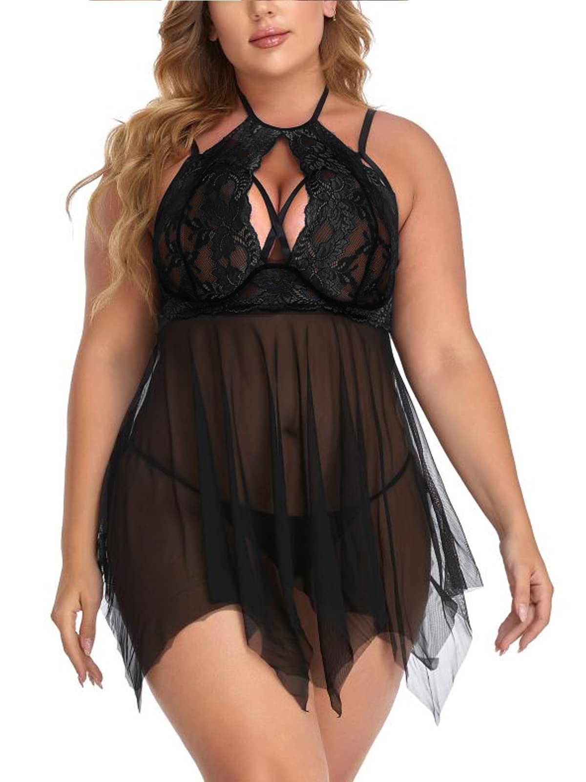 Plus Size Babydoll Lingerie for Women - Floral Lace Trim Teddy Chemise Sexy Halter Nightwear | Romantic Sleepwear & Boudoir Outfit for Special Occasions