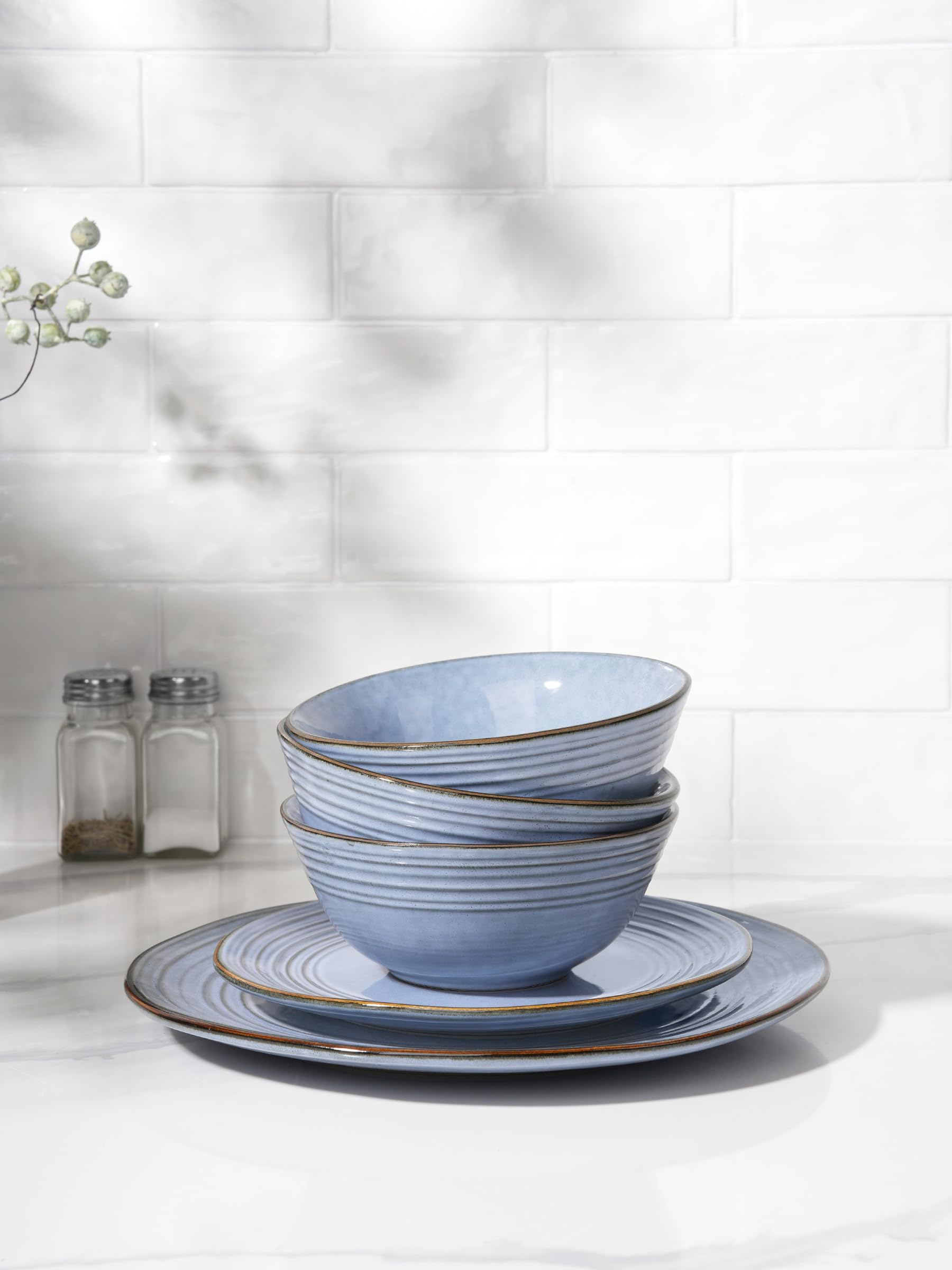 Premium 12-Piece Stoneware Dinnerware Set for 4 - Handcrafted Reactive Glaze Plates & Bowls in Twilight Blue - Durable Everyday Dishes for Family Dining, Dinner Parties & Restaurant-Style Meals at Home