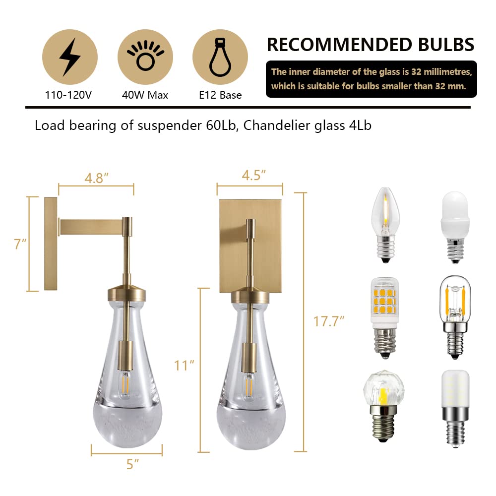 Set of 2 Brass Raindrop Wall Sconces - Hand Blown Solid Glass Wall Lighting Fixtures with Bulbs Included | Indoor Kitchen Decor Lamps for Bedroom, Living Room & Vanity | Perfect for Ambient Lighting & Home Decoration