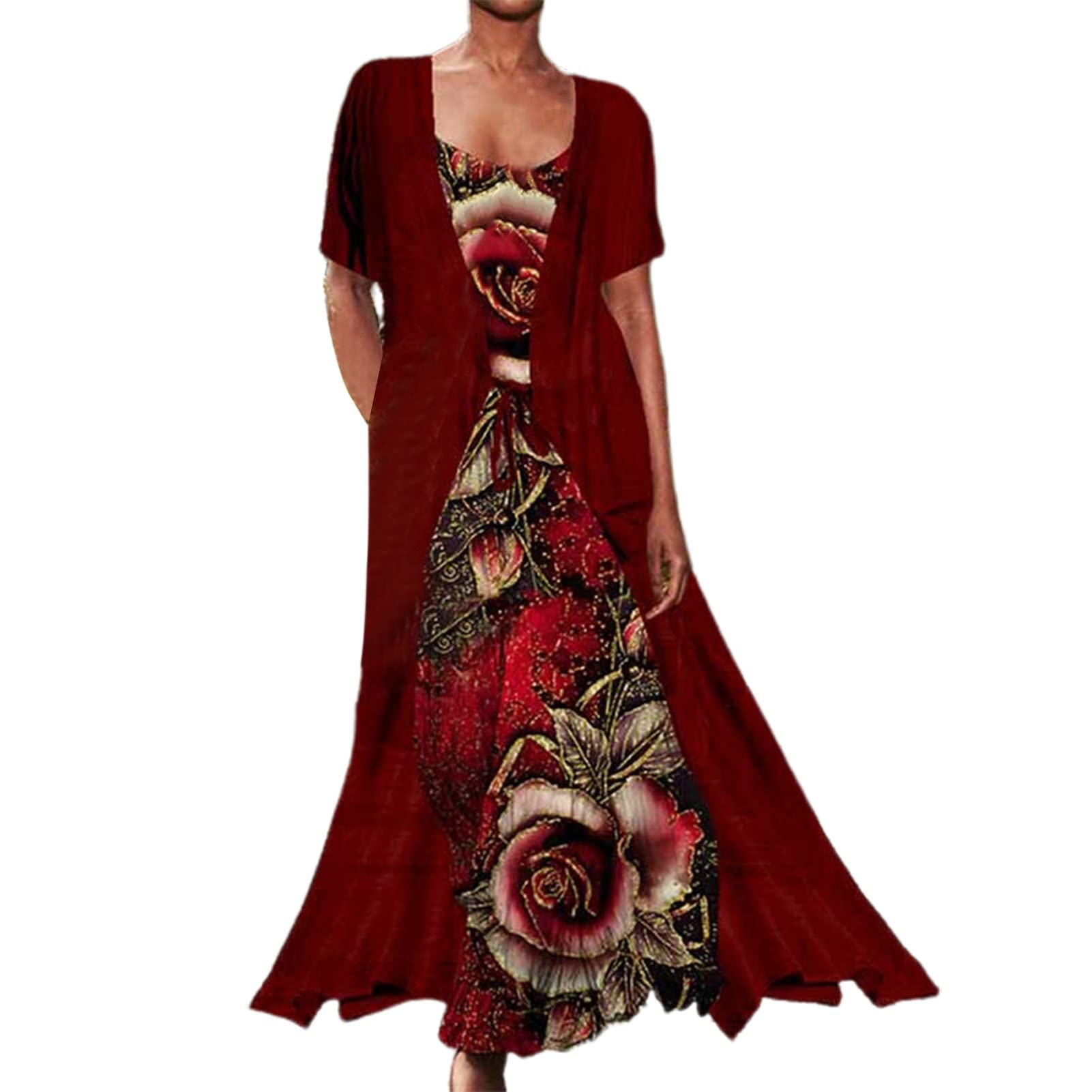 Unizhouxi Women's Long Sleeve Open Stitch Floral Print Two Piece Dress - Casual Loose Fit Summer Outfit for Vacation, Spring & Summer Wear - Wine Red 3XL - Perfect for Beach Holidays, Date Nights & Outdoor Events